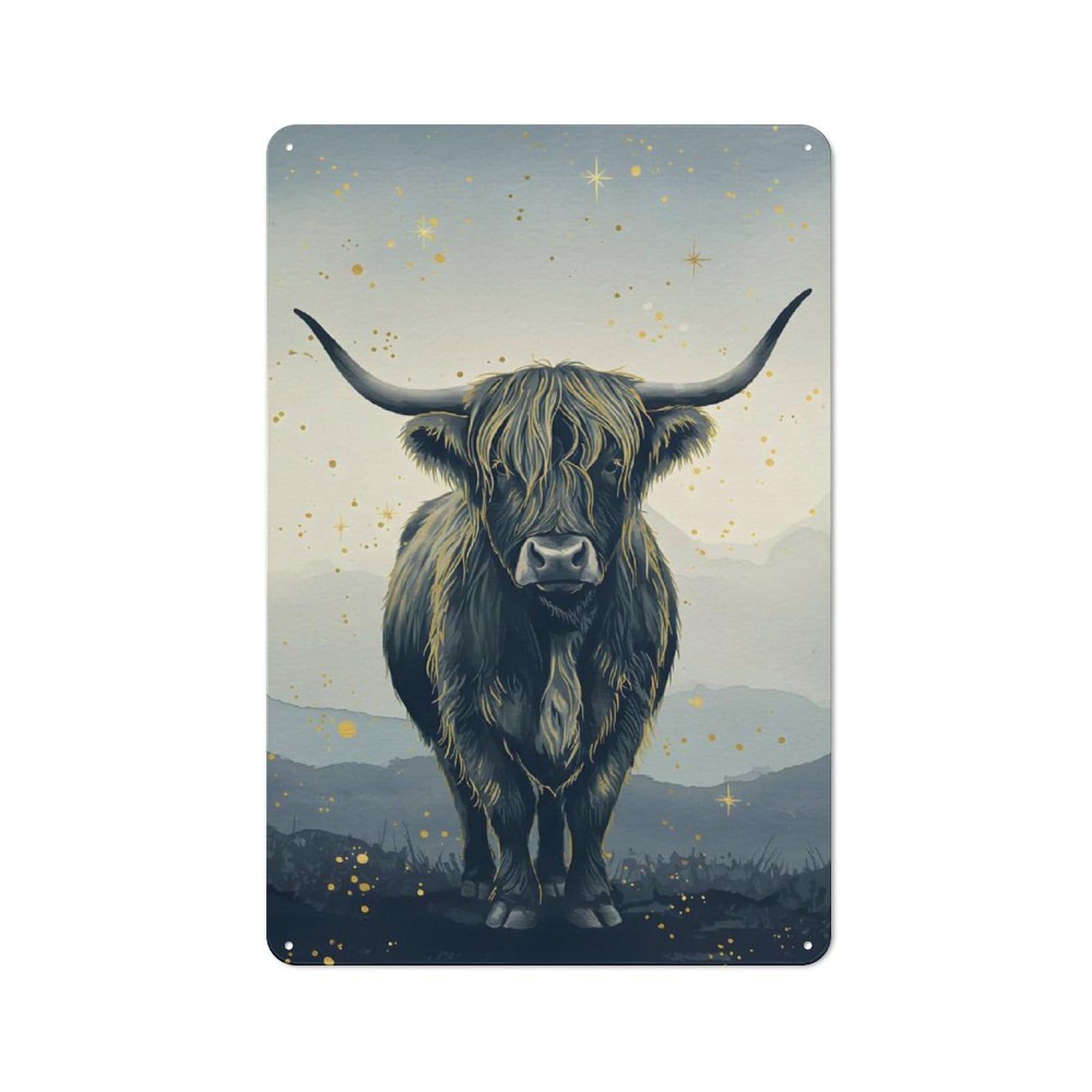 Tin Sign 30x20cm with Highland Cow Watercolor with Gold Accents for Hallway Wall, Retro Decor, Suited to Hallway Decor Lovers