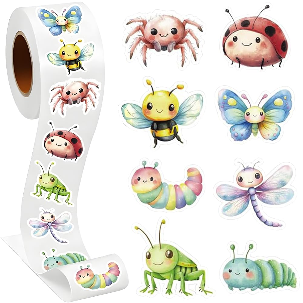 500PCS Spring Insect Stickers Roll - 1" Self-Adhesive Insect Labels 8 Patterns Incentives Cute Cartoon Bug Animal Decals for Kids Reward Scrapbook Envelope Seals Party Favor DIY Craft
