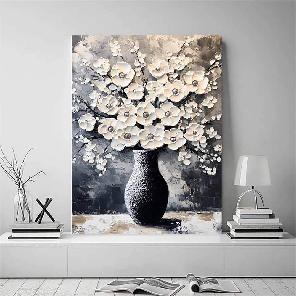 WUFIEA Semplice arte botanica Stampe su Canvas Fiori bianchi disposti in vaso per Camera da Letto Agriturismo Soggiorno Bagno(beige)-60x90cm Incorniciato