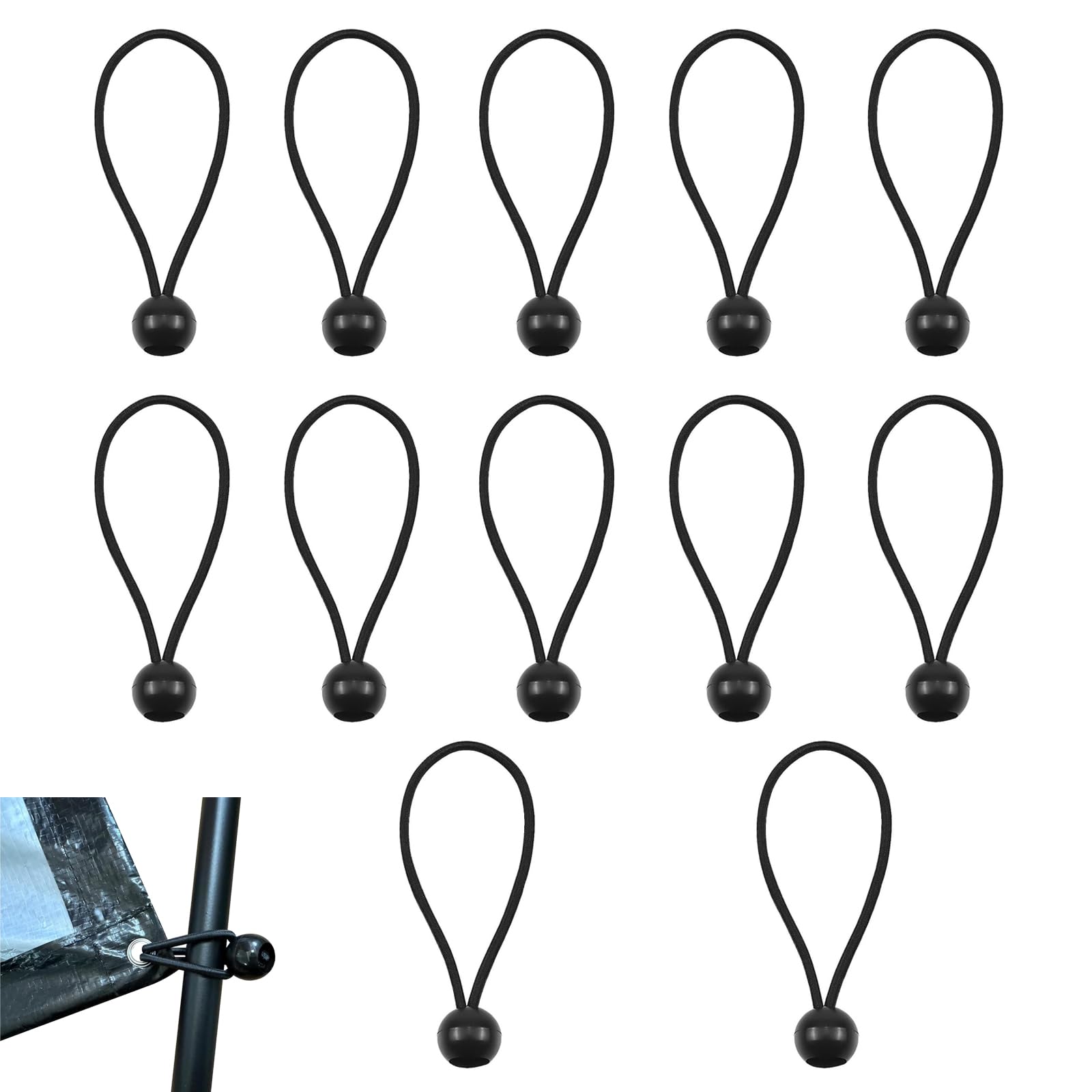 Leequnq Black 12 Pcs Tarpaulin Bungees Balls, Bungee Cords With Balls, For Banner, Tarp, Pavilions, Tents, Bungee Hooks, Holder, Flag Poles (Black)