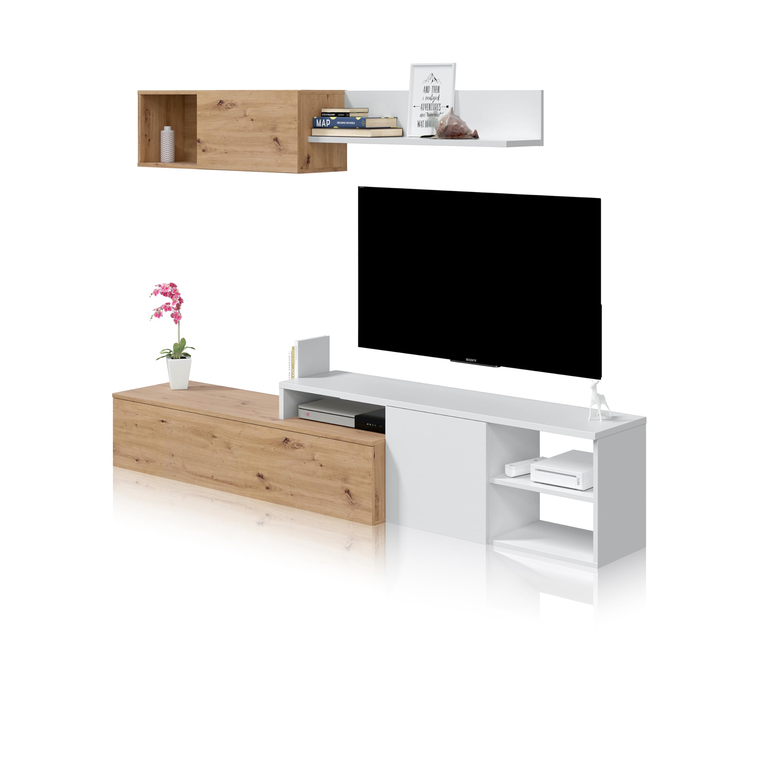 duehome | Conjunto de Salon Reversible, Mueble de Salon, Modulos de Comedor, Modelo Kate, Acabado en Roble Nodi y Blanco Artik, Medidas: 221 cm (Ancho) x 44 cm (Alto) 40 cm (Fondo)