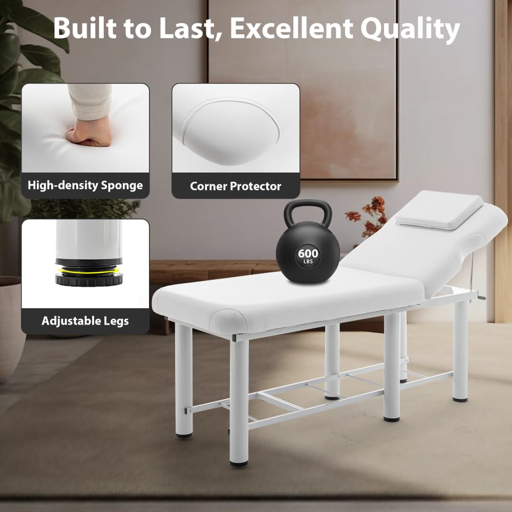 Professioneller Massagetisch, Rückenlehne verstellbar, abnehmbare Kopfstütze, untere Regalaufbewahrung, Memory Foam Layer Salon Bed, Weiß