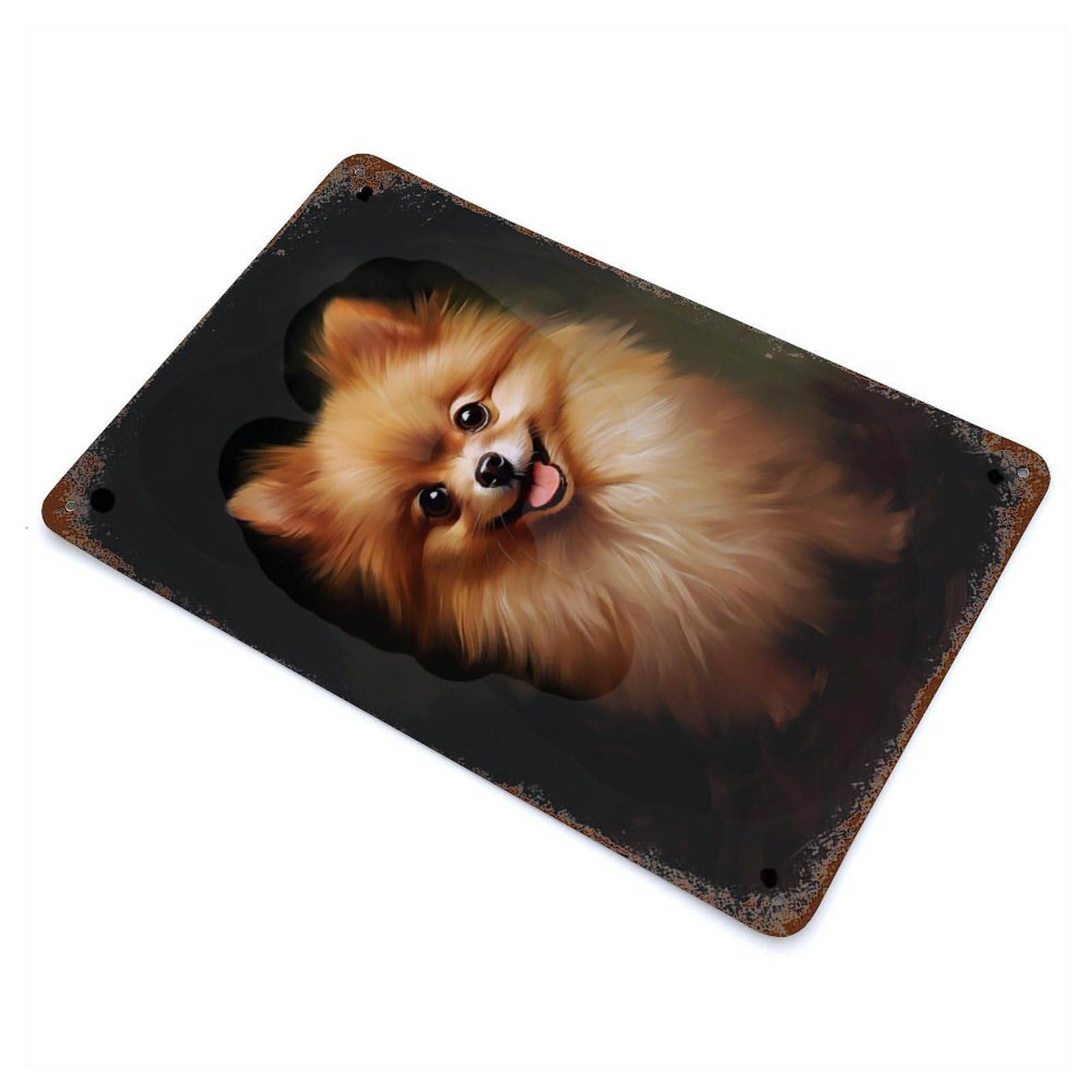 Rust Effect Red Pomeranian Dog Weathered Tin Sign 11.8"x7.9", Retro Wall Decor for Garage, Bar And Workshop Decor