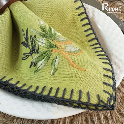 Image of R home Premium Embroidered Cotton Table Napkins Set of 6 Reusable Cloth Dinner Napkins Soft Washable Dining Table Linen Elegant Kitchen Coffee Table Decor (R home Olive sprig, 40X40 CM)