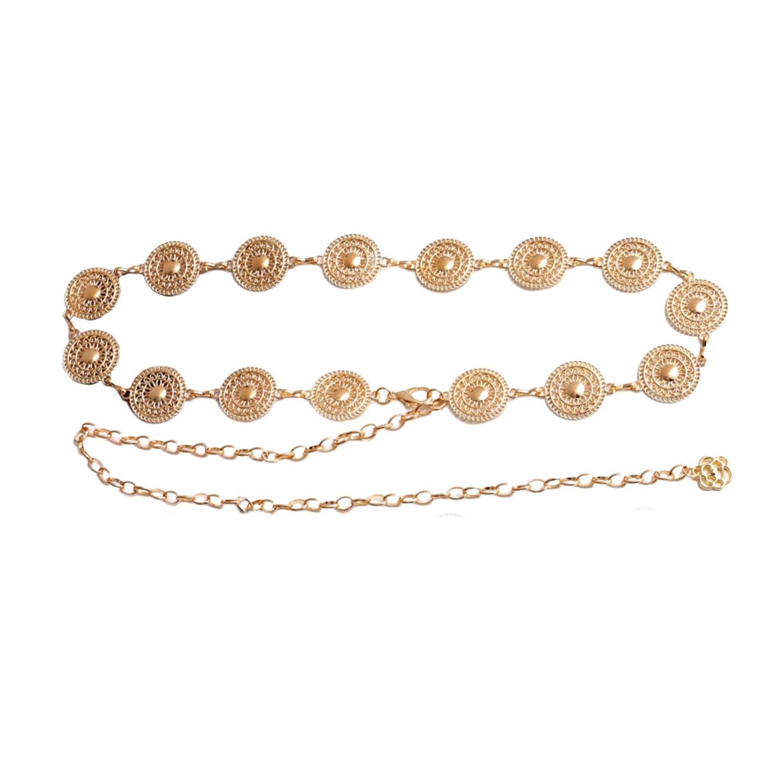 Chain Belt Gold Women Hollow Out Metal Daisy Chain Belt Western Boho Chain Belts for Women Adjustable Waist Chain Belt for Dress Jeans Cowgirl Concho Belt Vintage Openwork Long Buckle Waist Belt