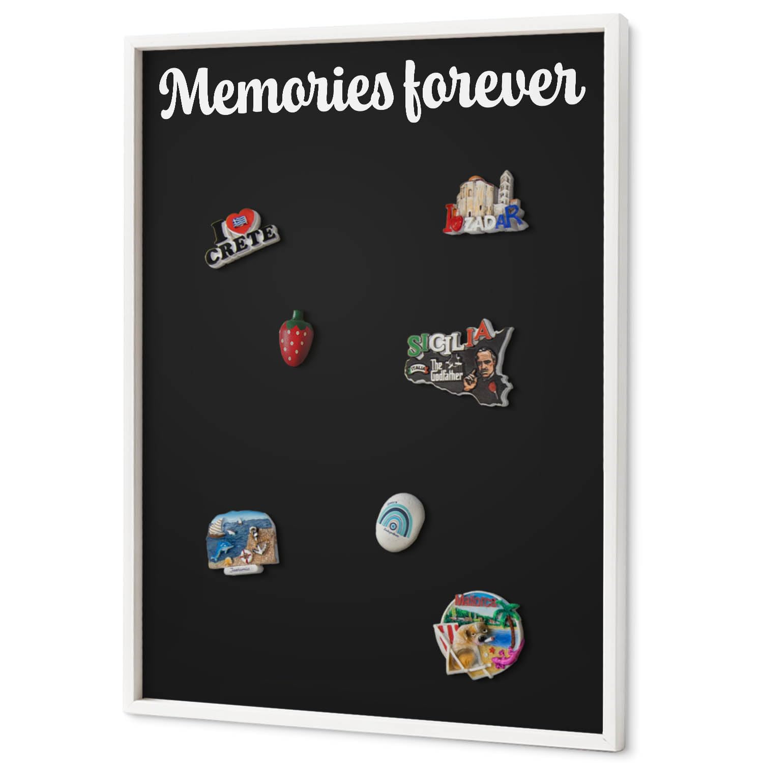 Panel Magnético 70x100 cm | con Marco Blanco | Memories Forever | Montaje Fácil | Organizador de Pared | Para Recuerdos de Vacaciones | Expositor de Imanes de Nevera y Postales | Para Cocina