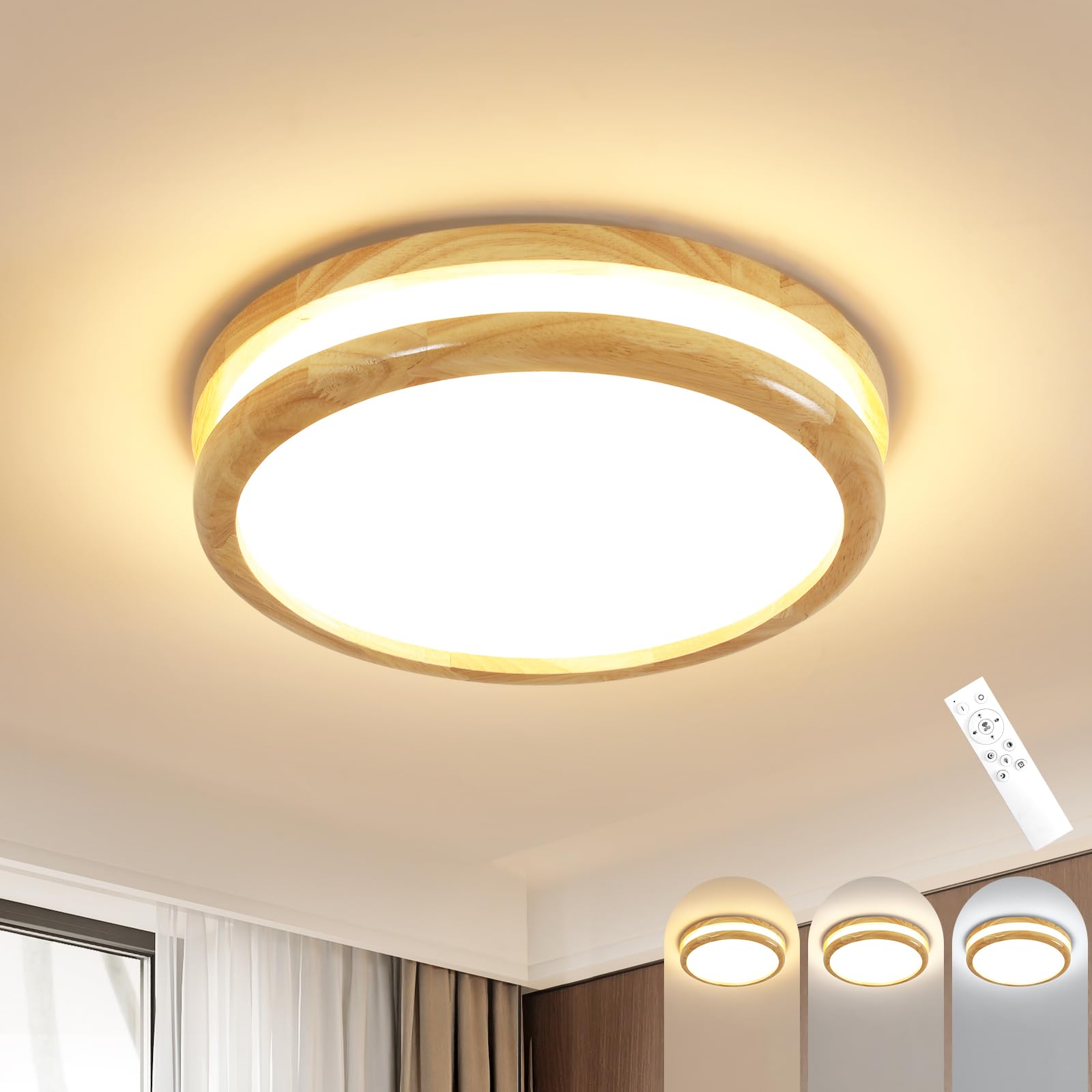 Goeco Round Dimmable LED Ceiling Light, 32 W Adjustable Wooden Ceiling 3000 K-6500 K with Remote Control, Modern Light for Bedroom, Living Room, Kitchen, Hallway, 30 cm