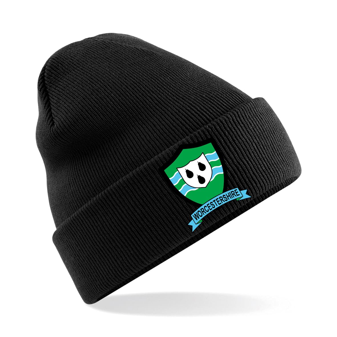 Psave Men's Black Worcestershire County Embroidered Beanie Hat, Bob Hat Cricket Sport Your County Embroidery (Black)