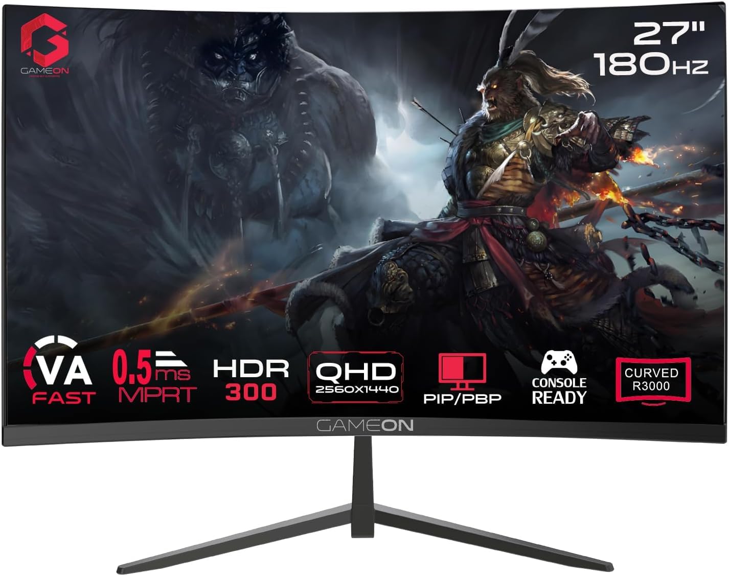 GAMEON 27” Curved Gaming Monitor – QHD 1440p, 180Hz, 0.5ms MPRT, FreeSync, VRR, HDMI 2.1 + VGA, Built-In Speakers, Console & PC Performance, VESA Mount, 100% sRGB, Low Input Lag