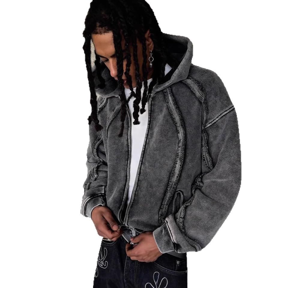 Oversized men's zipper long sleeved retro hoodie with pockets, pickled street style top