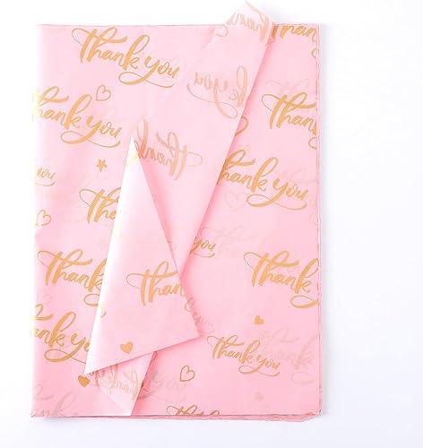 100 hojas de papel de seda de regalo de agradecimiento de 14 x 20 pulgadas, color rosa reciclable con bolsa de embalaje dorada metálica para bodas,
