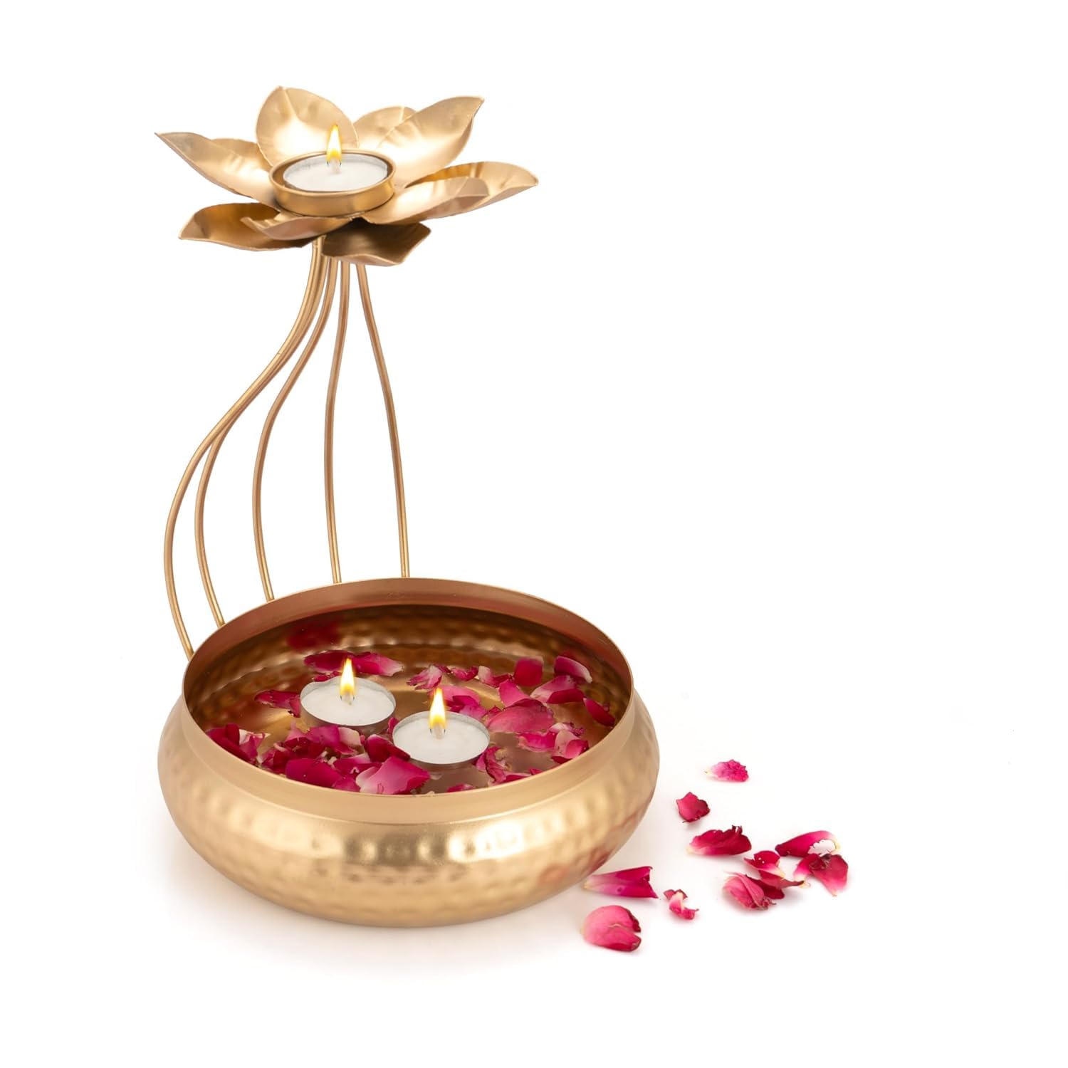 CraftVatika Metal Lotus Tealight Candle Holder Set of 5 for Diwali Decoration Items with Base of Urli Bowl - Gold (Height 10.6 Inch), Diwali Gift Items (B0CM68DJ2F) Amazon Price History, Amazon Price Tracker