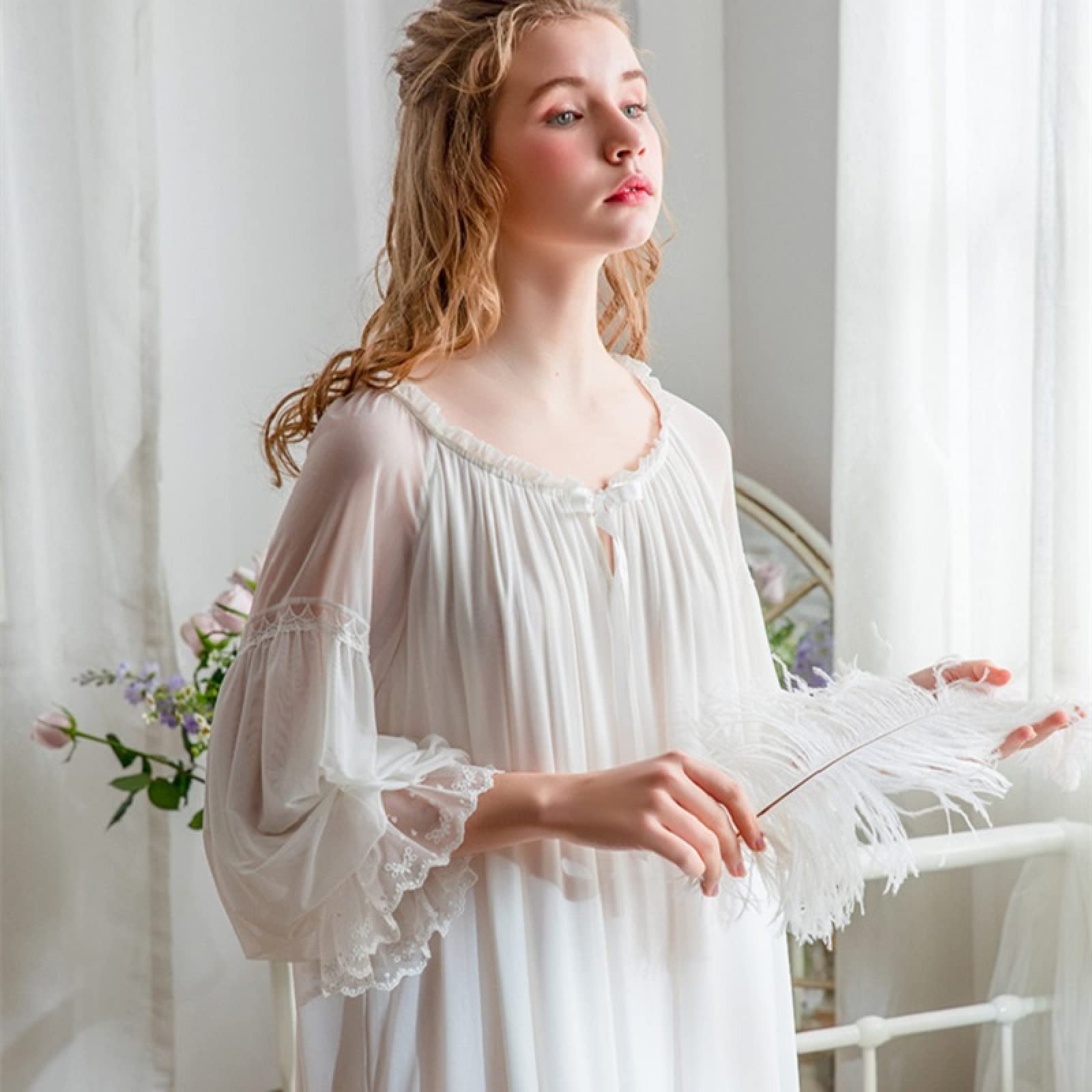 OFFSUM Camicia da Notte Donna - Abito da Notte Vintage con Scollo Rotondo Tinta Unita Bowknot Elegante Principessa Casual Primavera Estate Camicia da Notte Abito da Notte