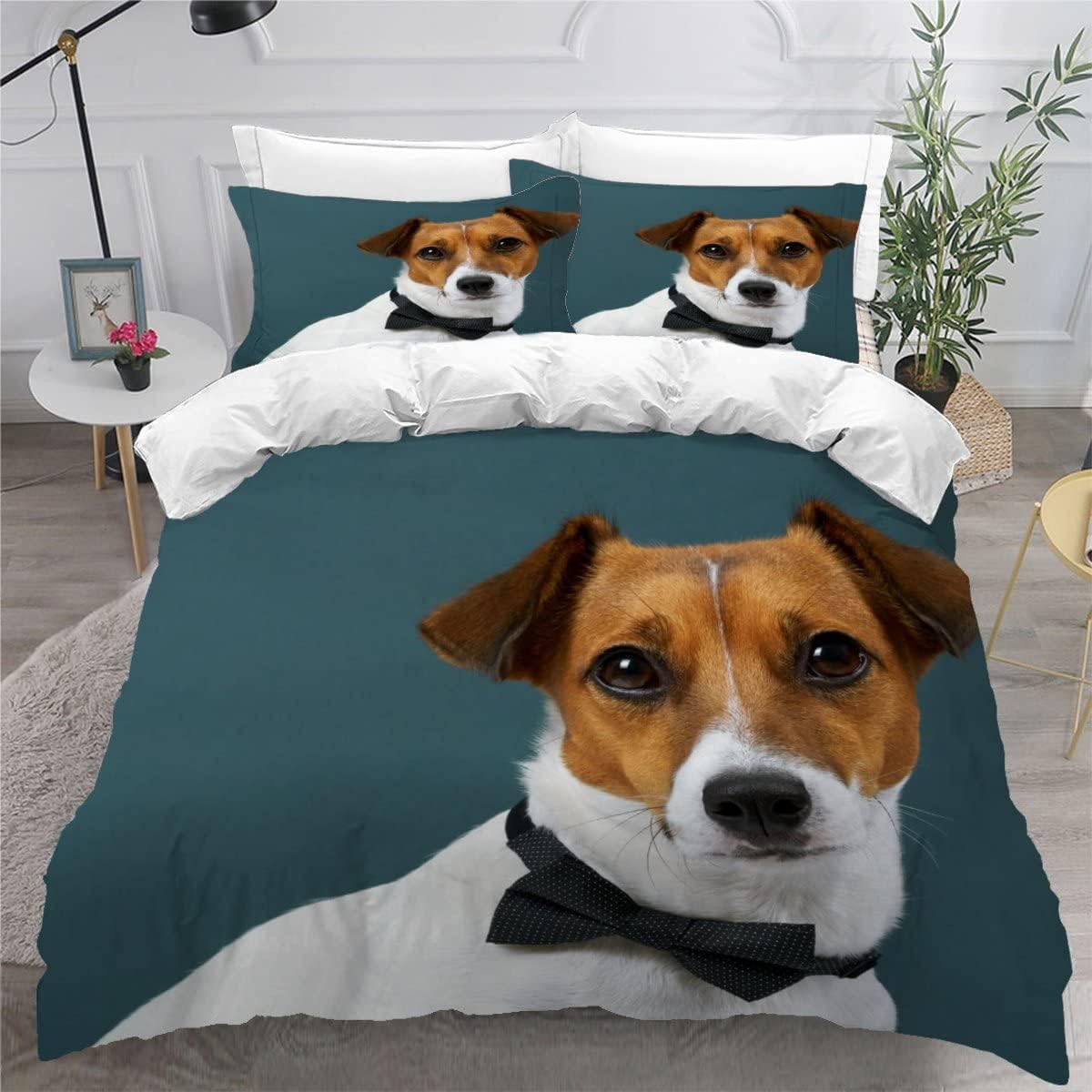 MEVASA Jack Russell Terrier Bedding Set - Microfiber Teenager Bedding Animals Dogs 3D Bedding Set for Small Double - Anti Allergic Duvet Cover Set with Zipper /200x200