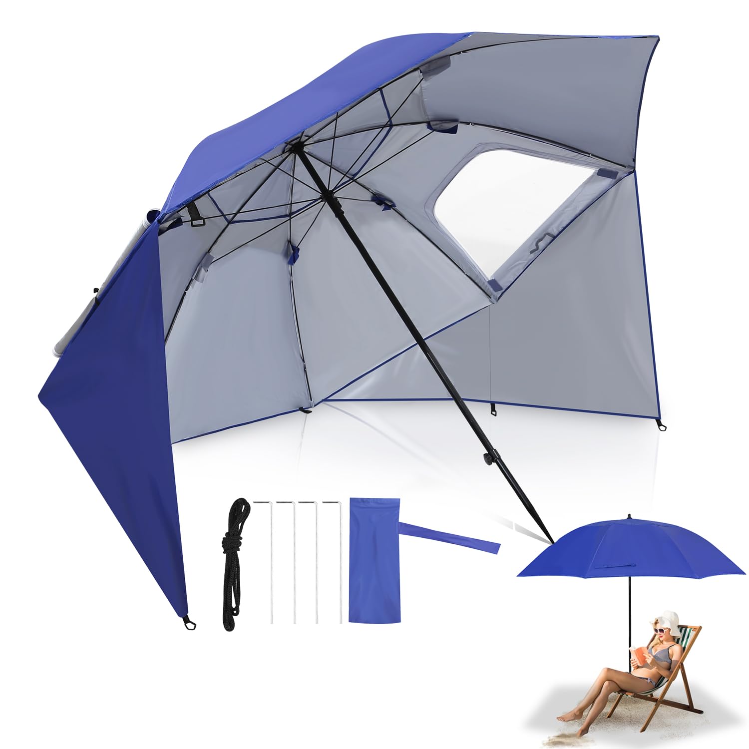 Fiqops Sonnenschirm Strandmuschel 2 in 1 Ampelschirm für Strand Garten, UV50+ Sonnenschutz für 2-4 Personen, faltbar multifunktional, mit Fenster und Tragetasche Ø210x220cm
