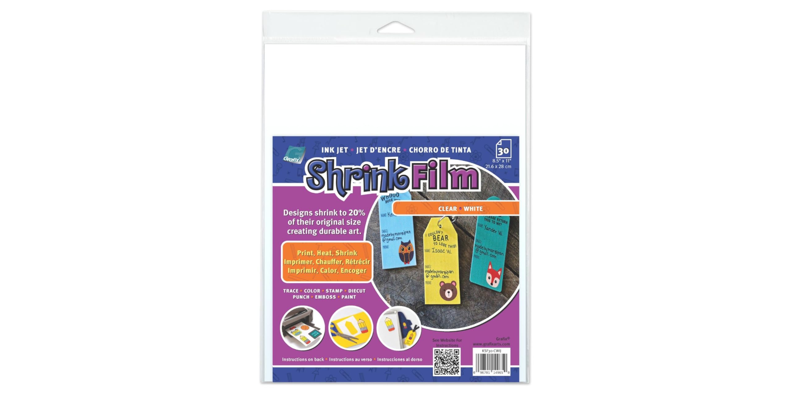 Grafix Inkjet Printable Shrink Film, Clear &amp; White, 8.5 x 11 in, Pack of 30