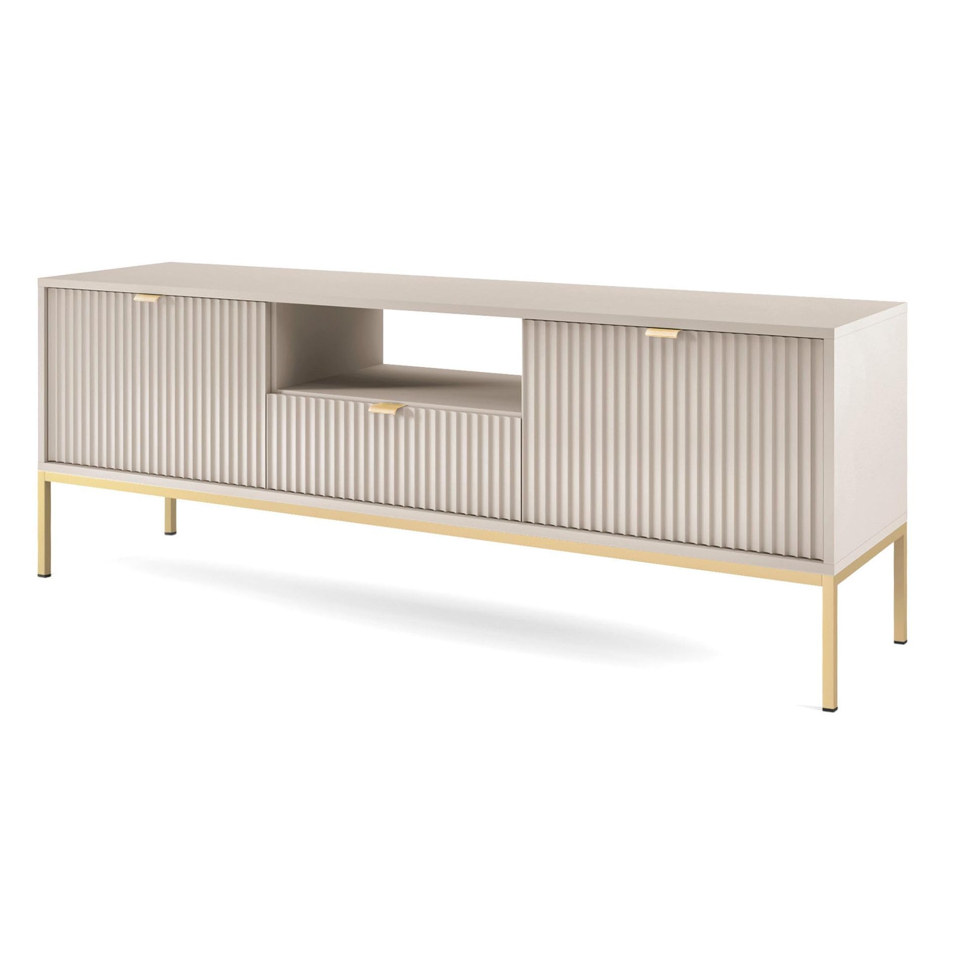 Selsey TV Lowboard Vellore, 154 cm Breite, Greige mit Gold Details, Geriffelte Fronten, 1 Schublade, 2 Fächer, Luftzirkulation, Laminierte Platte, MDF, Metall, Eleganter Fernsehschrank