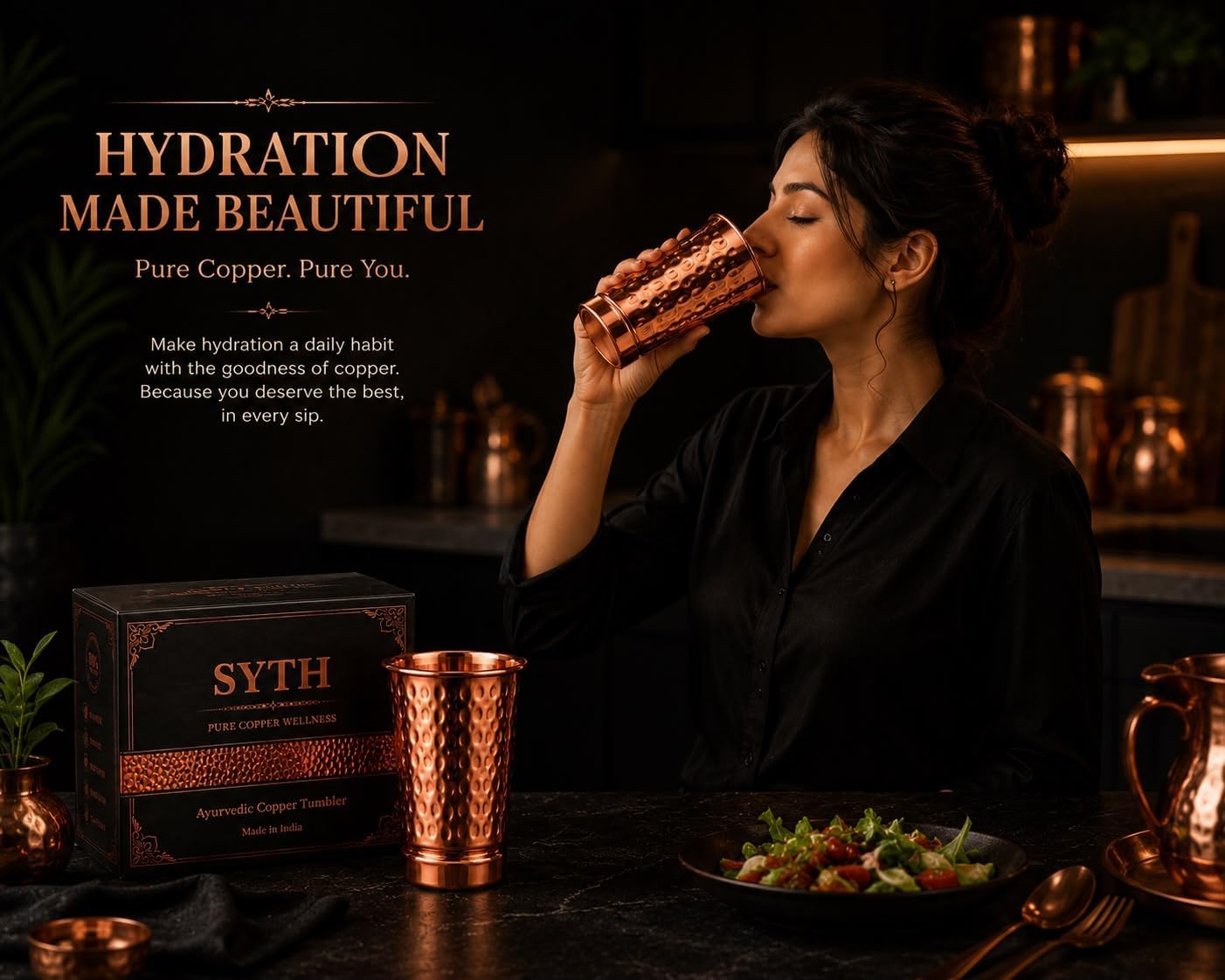 SYTH Pure Copper Tumbler Cup – 100% Handmade Hammered Copper Drinking Glass, Ayurvedic Water Cup, Leak-Free Copper Cup for Daily Hydration, Kitchen & Home Use, Made in India (1 Pack, 12 oz / 350 ml)