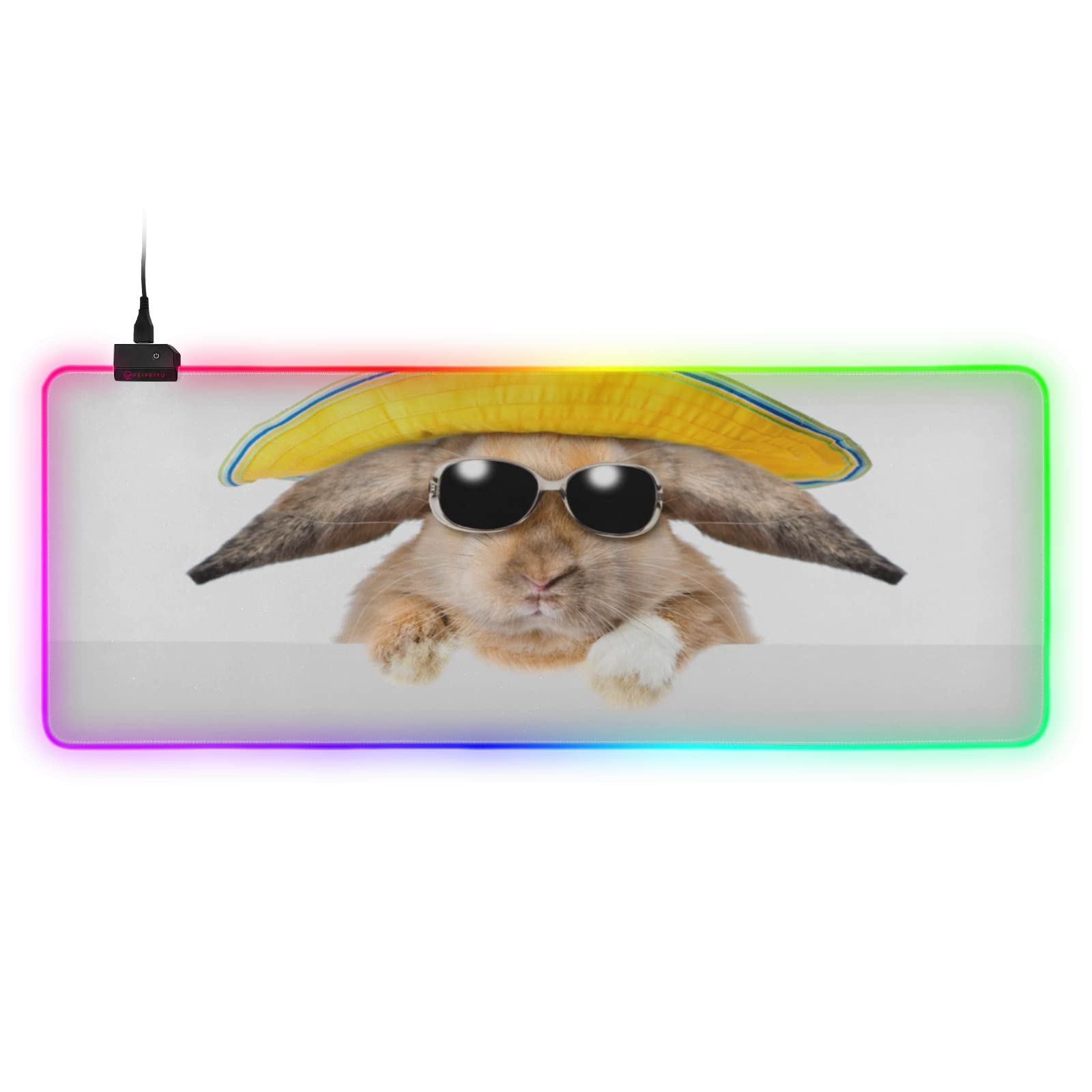 Large RGB Gaming Mouse Pad Bunny Sunglasses Panama Peeking Behind Empty Glowing Extended Mousepad 31 5x11 8in Soft