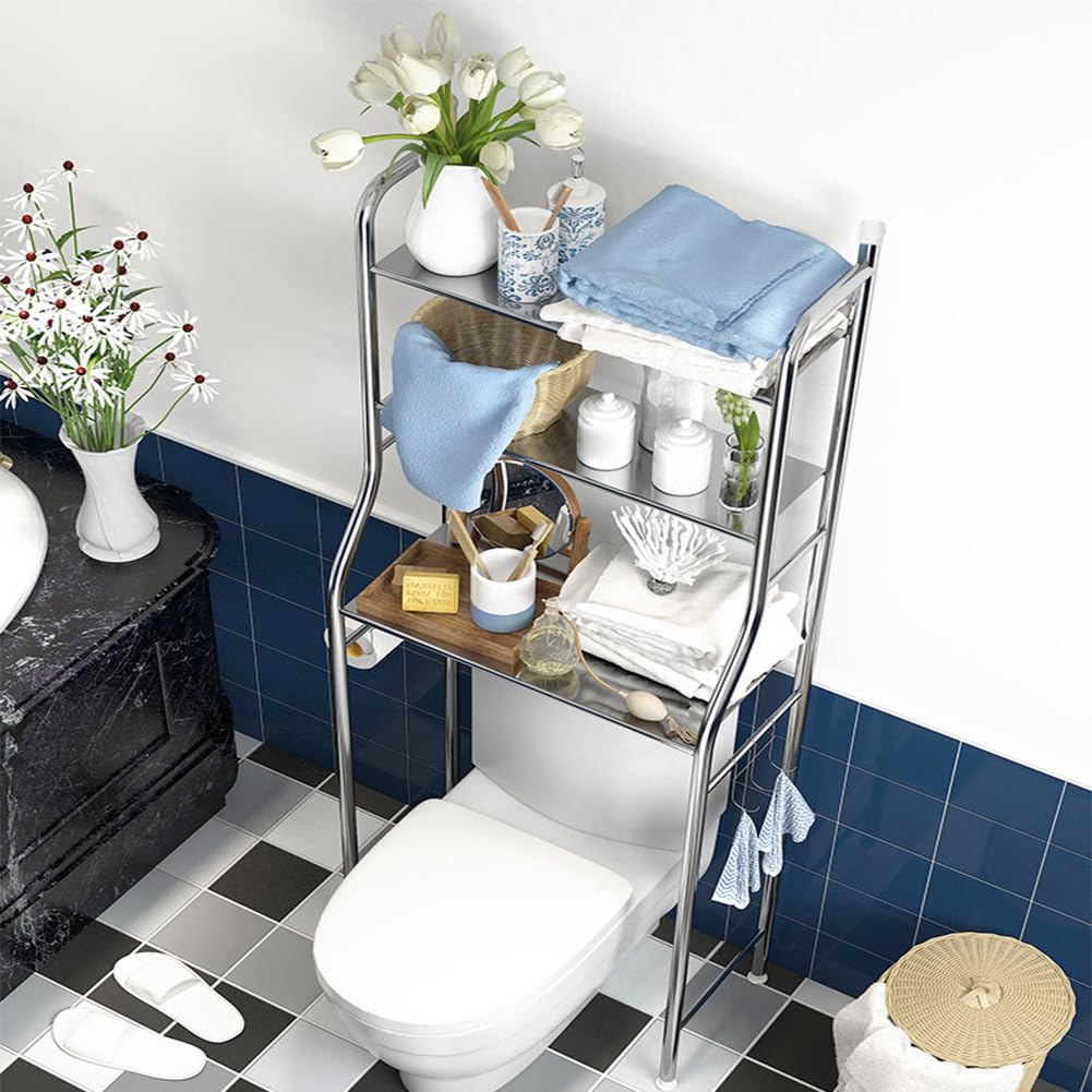 Meuble De Rangement Au-Dessus des Toilettes, MéTal Meuble WC Rangement Gain De Place, Armoire Toilette WC Meuble Salle De Bain Rangement Toilette avec 3 Niveaux, Argent, 50x25x160 cm