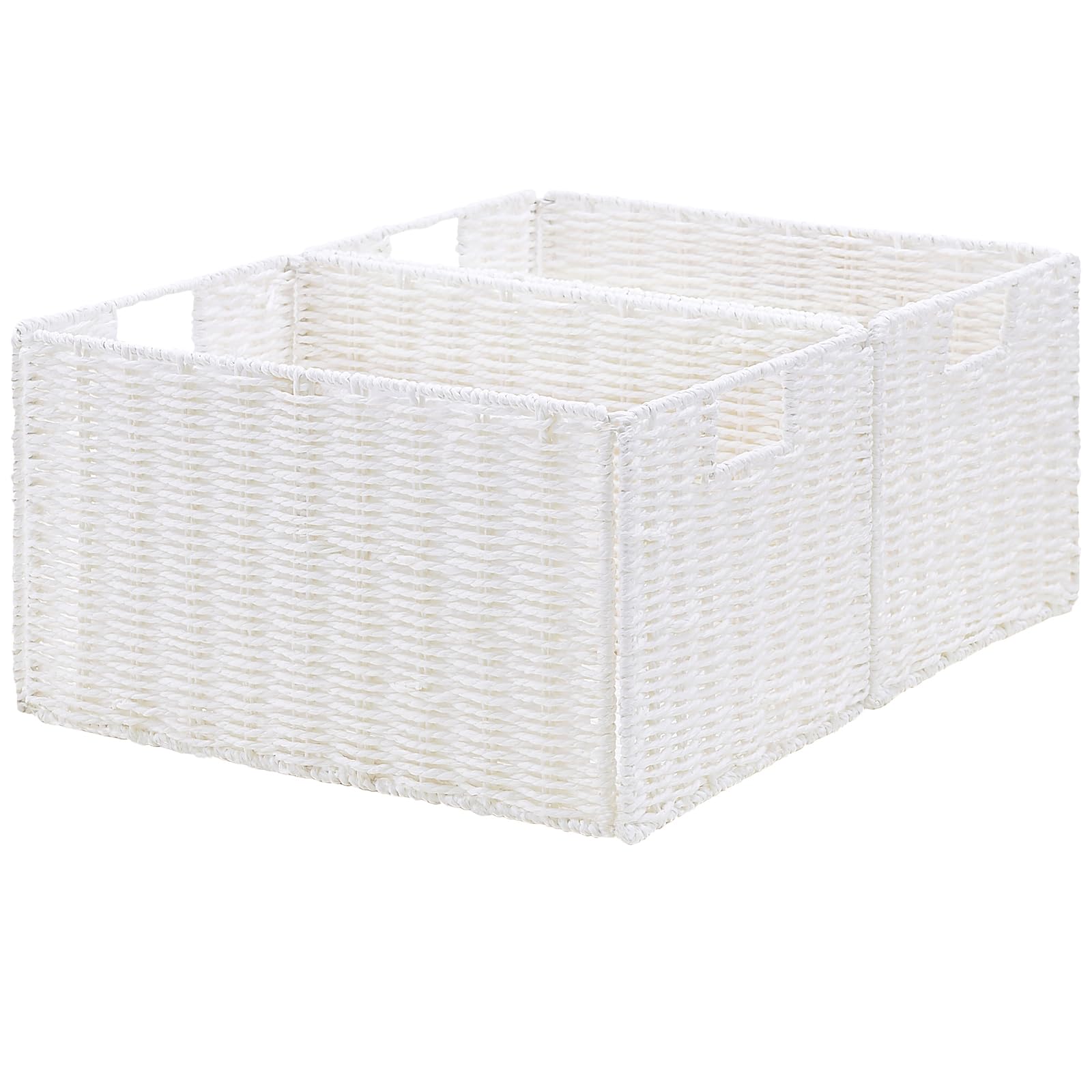 Vagusicc Wicker Storage Basket, Set of 2 Hand-Woven Wicker Basket Large Organizer Box Storage Bins with Handles, Storage Baskets for Shelves Collapsible Storage Cubes for Toys, White
