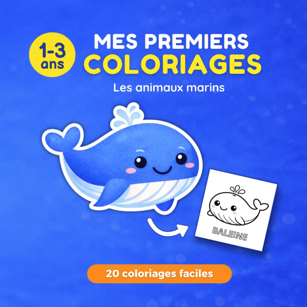 Mes premiers coloriages - Animaux Marins: 20 coloriages faciles avec contour épais pour enfants de 1 an, 2 ans et 3 ans