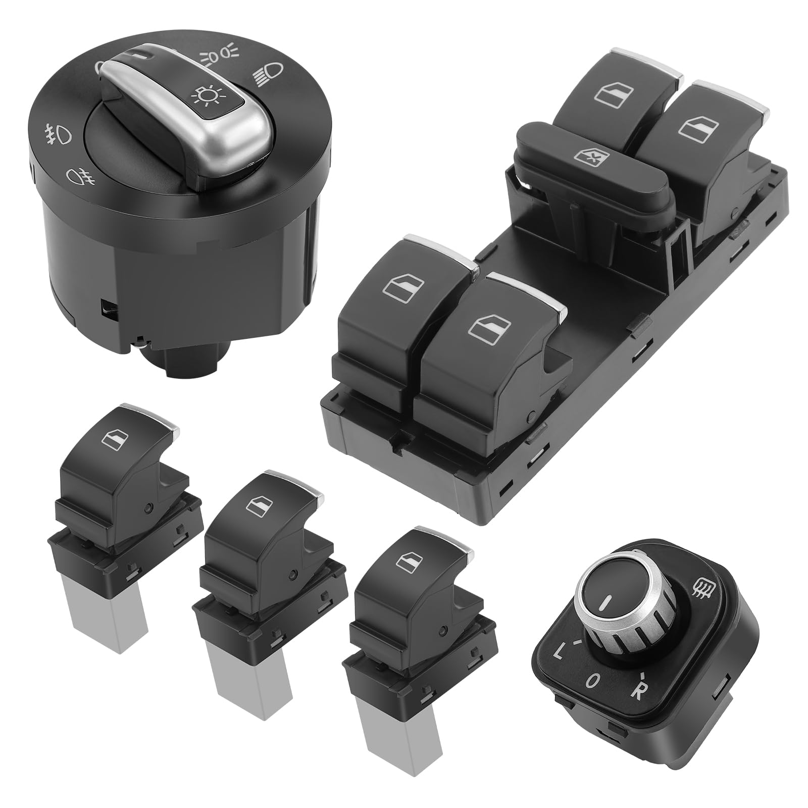KAOLALI 6 pezzi interruttori per alzacristalli per VW Golf 5 6, interruttori luce fari e specchietti per Passat Tiguan Jetta, 5ND959857 5ND941431B 5ND959565A 5ND959855