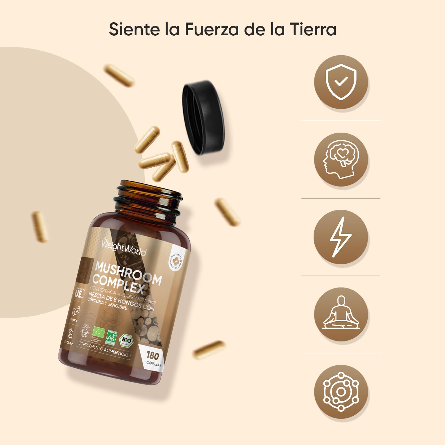 Hongos Complex Bio, 180 Cápsulas de 8 Setas y Hongos como Melena de León, Reishi, Shiitake, Maitake, Chaga y Cordyceps - Mushroom Complex Bio Enriquecido con Jengibre y Cúrcuma para 3 Meses