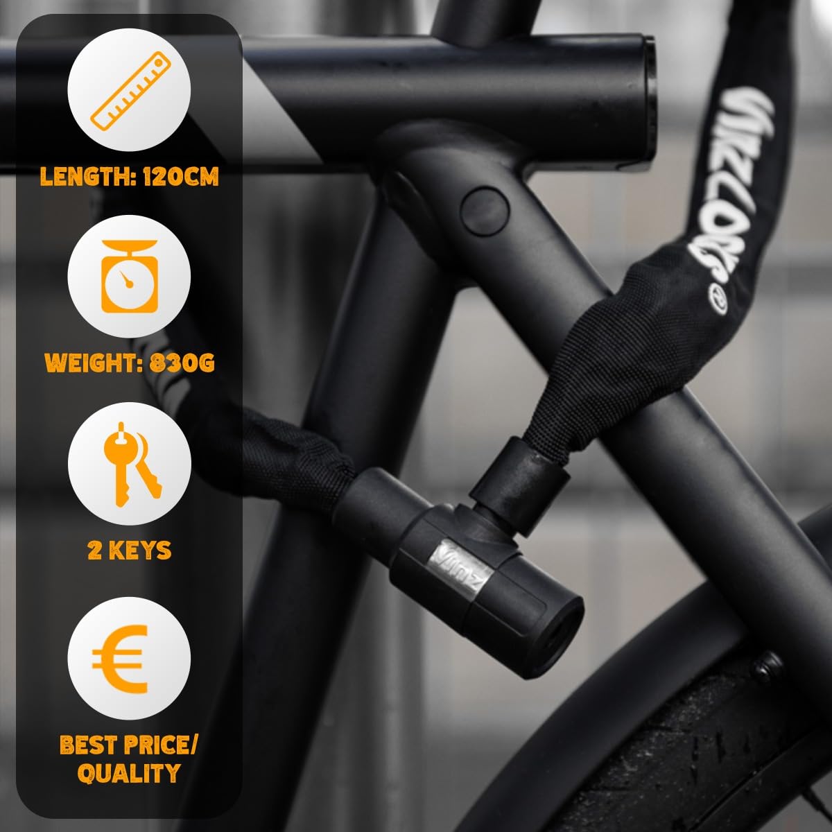 VINZ Ventoux Catena di Sicurezza 6mm Velo | Alta Resistenza e Affidabilità | Ideale Serratura per Proteggere il tuo scooter, Bicicletta o Bicicletta elettrica | Certificazione ART 2 | Lucchetto con 2