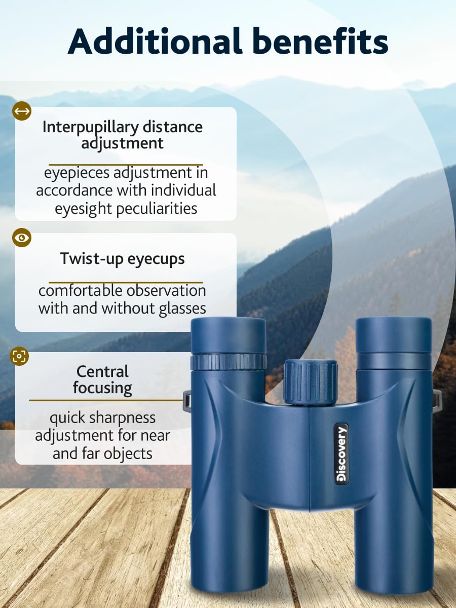 Discovery Elbrus 10 x 25 mini lornetka z pryzmatem dachowym do aktywności na świeżym powietrzu i imprez sportowych, kolor niebieski | Wielowarstwowa Optyka BK-7, Przenośna, Montaż na Statywie, Idealna do Podróży, Obserwacji Przyrody, Outdooru i Birdwatchi