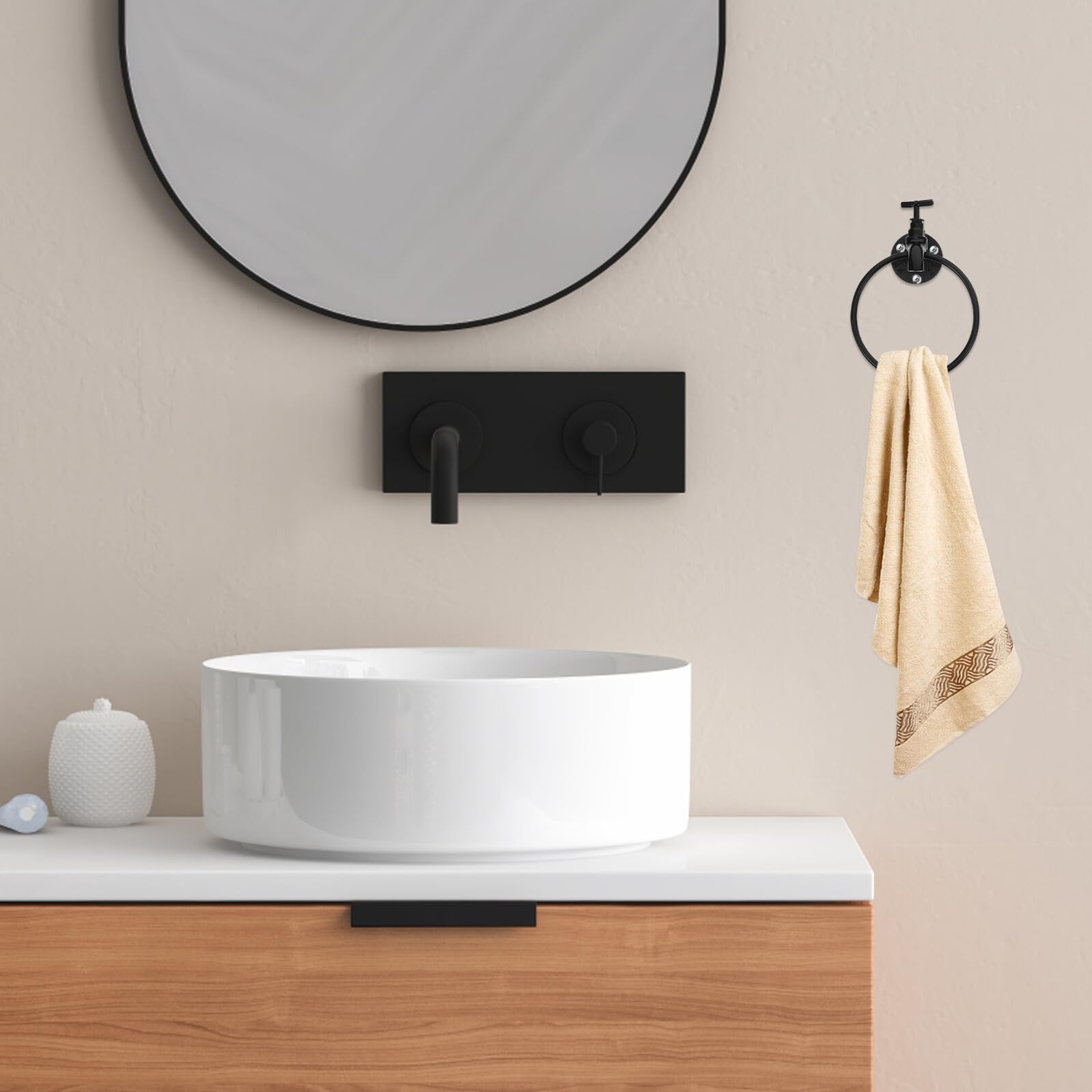 Porta Asciugamani ad Anello Rubinetto Nero in Ferro da Parete | Bagno e Casa, Forma Rotonda, Stile Vintage Rustico Elegante Moderno Artistico, Montaggio Semplice
