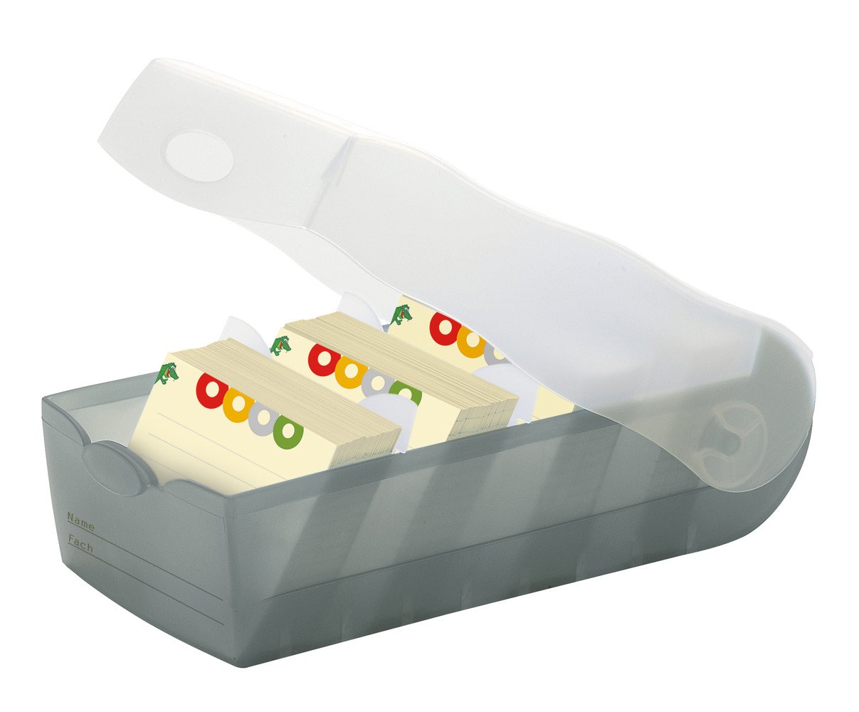 HAN 997 Karteibox CROCO DIN A7 quer mit 5 Stützplatten und 100 Karten (transluzent-grau, 3 Boxen Spar-Set)