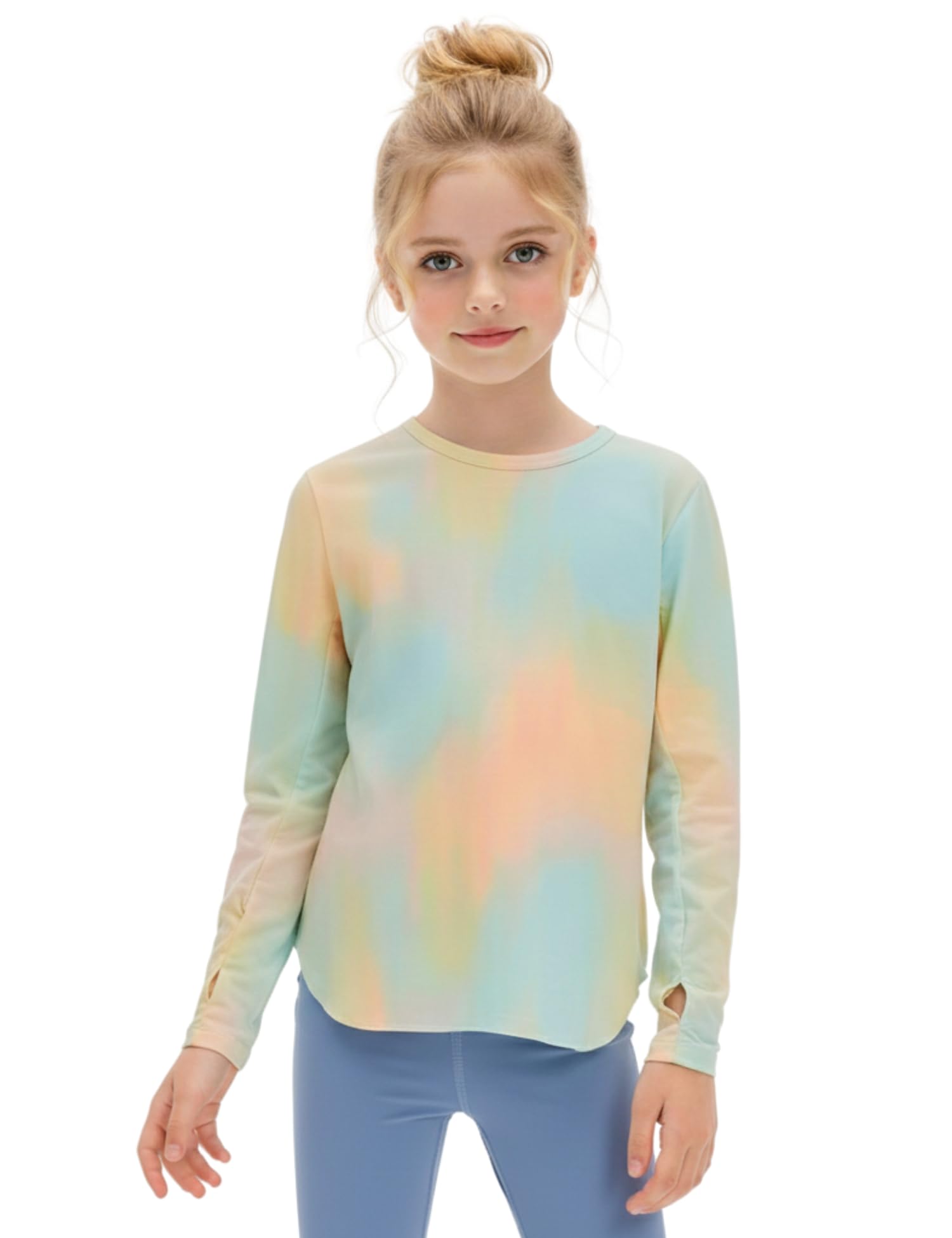 Girls' Long Sleeve Workout Top with Thumbholes Quick-Dry 4-Way Stretch Moisture Wicking Shirt for Yoga, Dance, Gymnastics(Age 6-10)-image-1