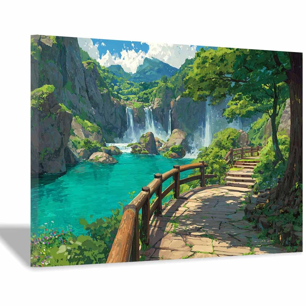 HOQIU Wall art for home decor Boardwalk Waterfall Views canvas artwork for wall, art prints, For living room, bedroom, bathroom, dining room, painting and decor.(Multicolor)-80x120cm Framed
