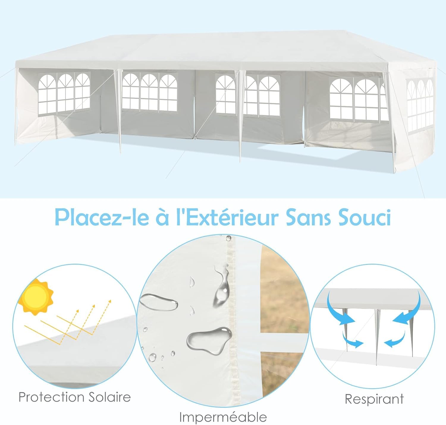 Tonnelle de Jardin Extérieur 3x9 M avec 8 Parois Amovibles, Barnum Imperméable PE pour Fête Mariage