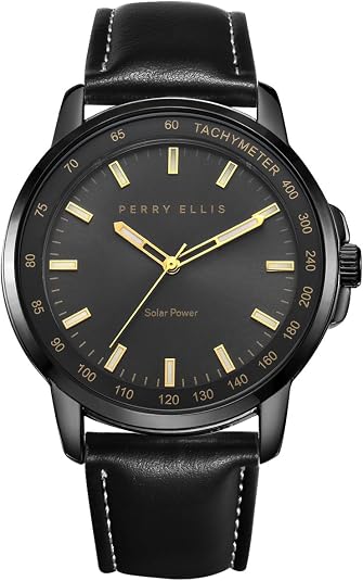 Perry Ellis Solar Powered Mens Watch | Vegan Leather Water-Resistant Analog Wrist Watches for Men | 43mm Case | Aluminum Tachymeter Bezel | Elegant Gift for Man