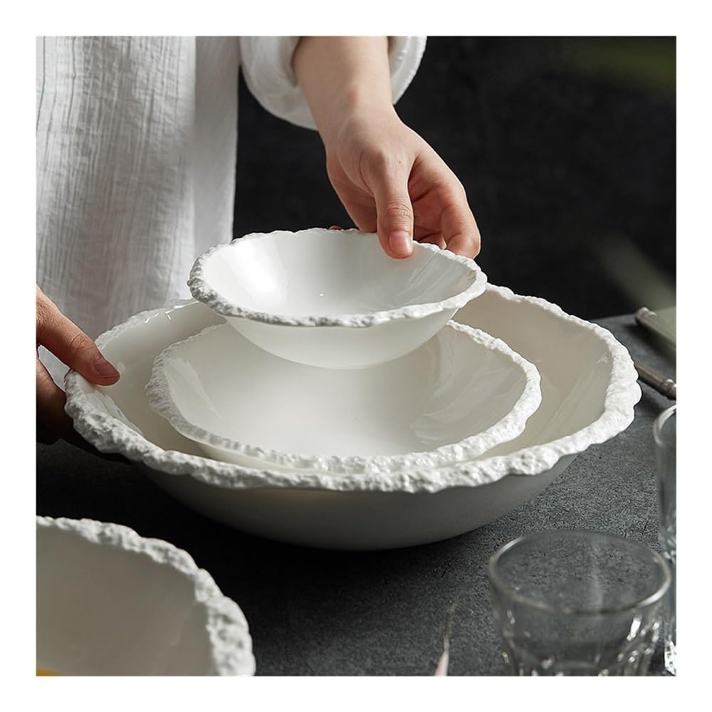 Talerz Jadalniczy, Prosta biała miska ceramiczna o teksturze skały - talerz obiadowy z zupą, sałatką i makaronem(26cm)