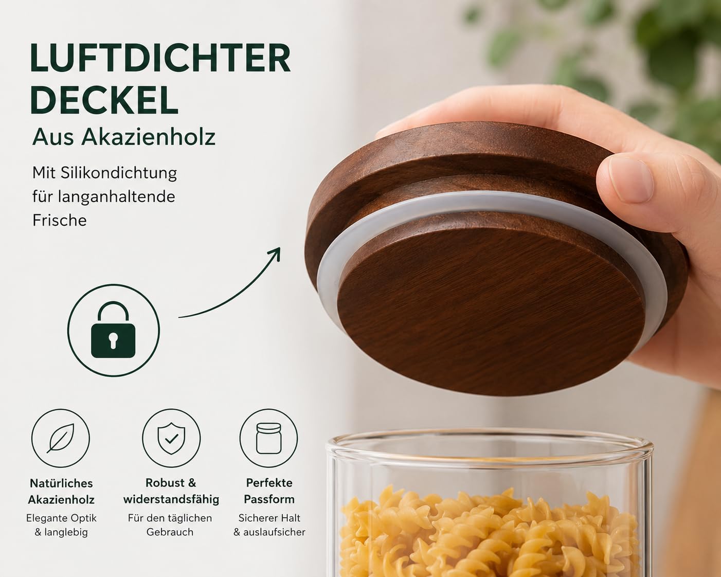 QuaLife Set di 5 barattoli da 1800/1000/600 ml, in vetro borosilicato con coperchio in legno di acacia, ermetici e impilabili, contenitori rotondi in vetro per cucina e conservazione degli alimenti