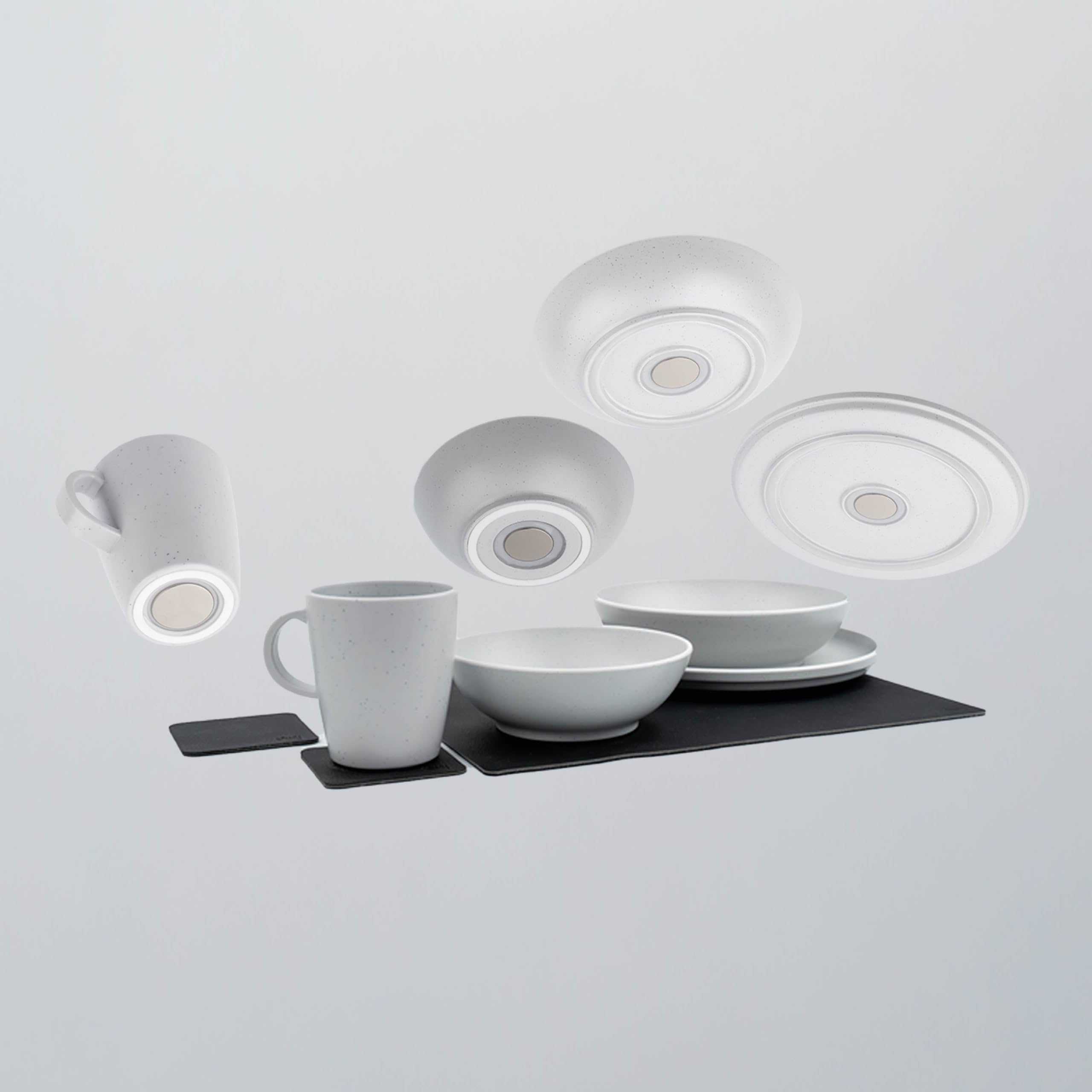Silwy® Juego de vajilla magnética Dolomit White – 11 piezas de vajilla de plástico con diseño Stonetouch | para autocaravana, camping y barco, sin traqueteo e irrompible, incluye almohadilla y