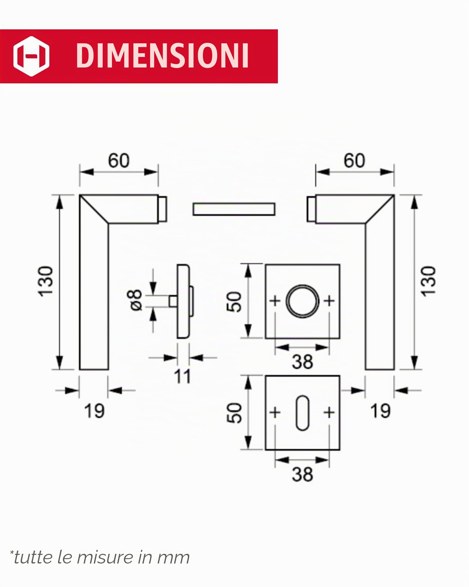 Gedotec Maniglia per porta in ottone spazzolato | 1 set | set di rosette su rosette rettangolari | KARAT | BB - serratura | maniglia per porta interna | set di maniglie con materiale di fissaggio |