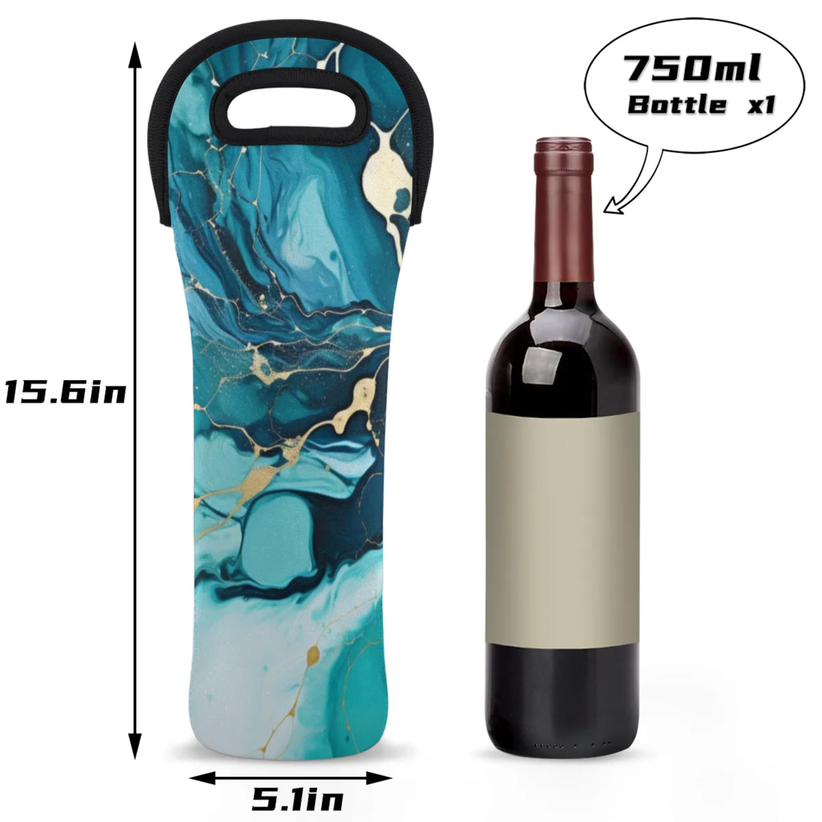 Neoprene Wine Tote Carrier Bag for Wine,Water, Champagne, Beer, Baby Bottles 15.6 x 5.1 Inches, Protective Wine Bag,Art and Gold