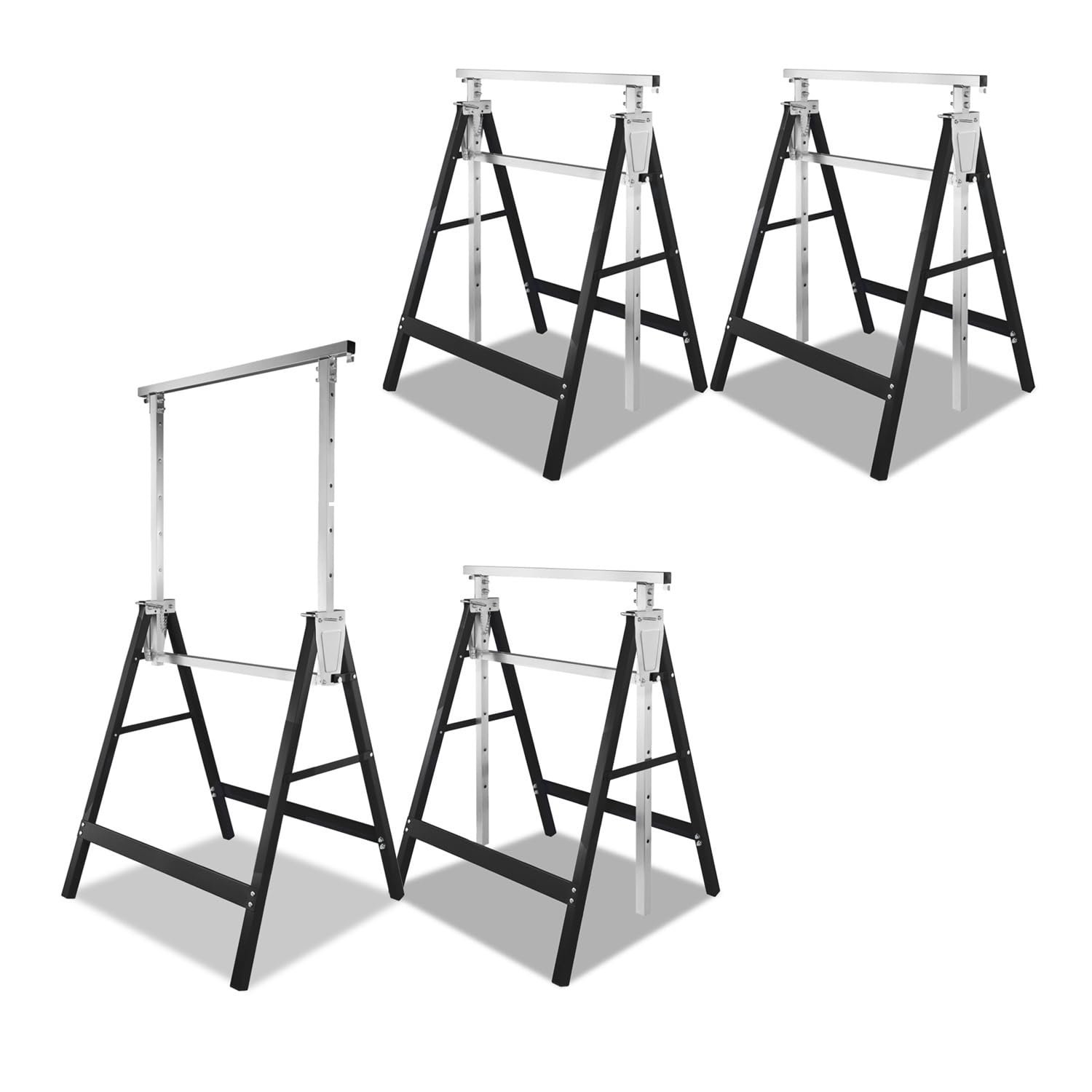 Cavalletto da lavoro, set da 4 cavalletti pieghevoli, regolabile in 7 posizioni, altezza di lavoro variabile 81-130 cm, rivestimento in plastica antigraffio nero.