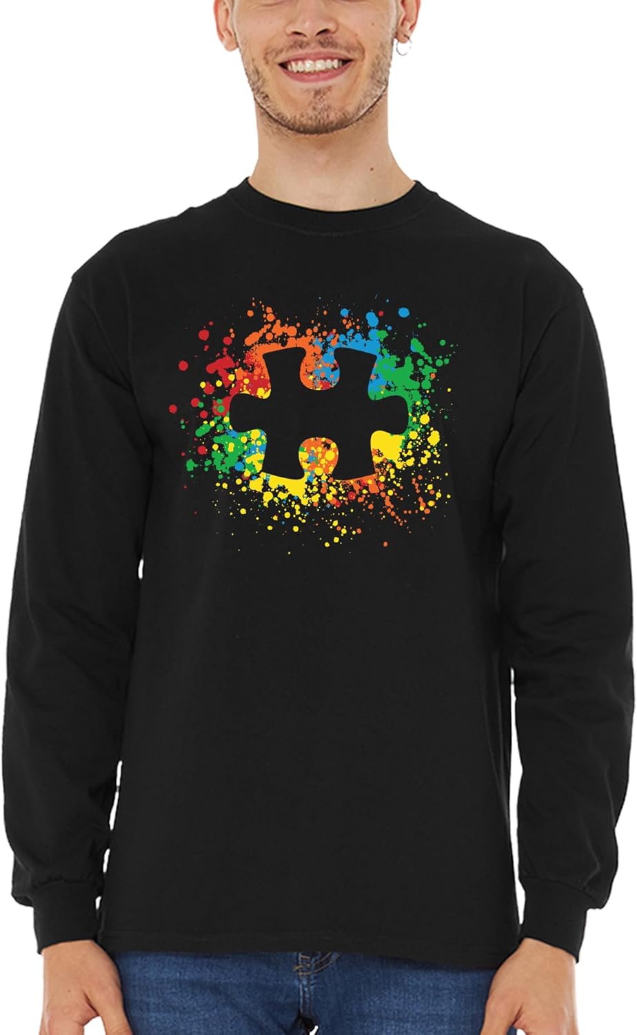shop4ever Autism Awareness Men’s Long Sleeve T-Shirt – Splatter Paint Puzzle Piece Design, Support Autism Acceptance