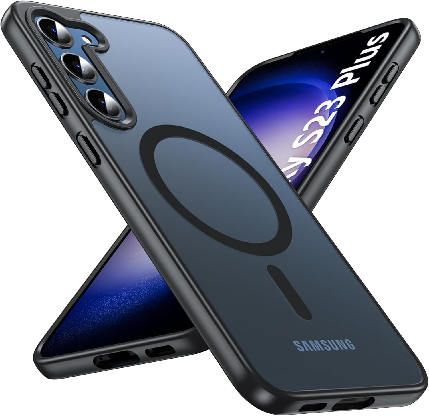 OWKEY for Samsung Galaxy S23 Plus Case 6.6'', Magnetic S23 Plus Case Compatible with Magsafe, [Military Grade Shockproof] Translucent Back Slim Bumper Cover Phone Case, Black