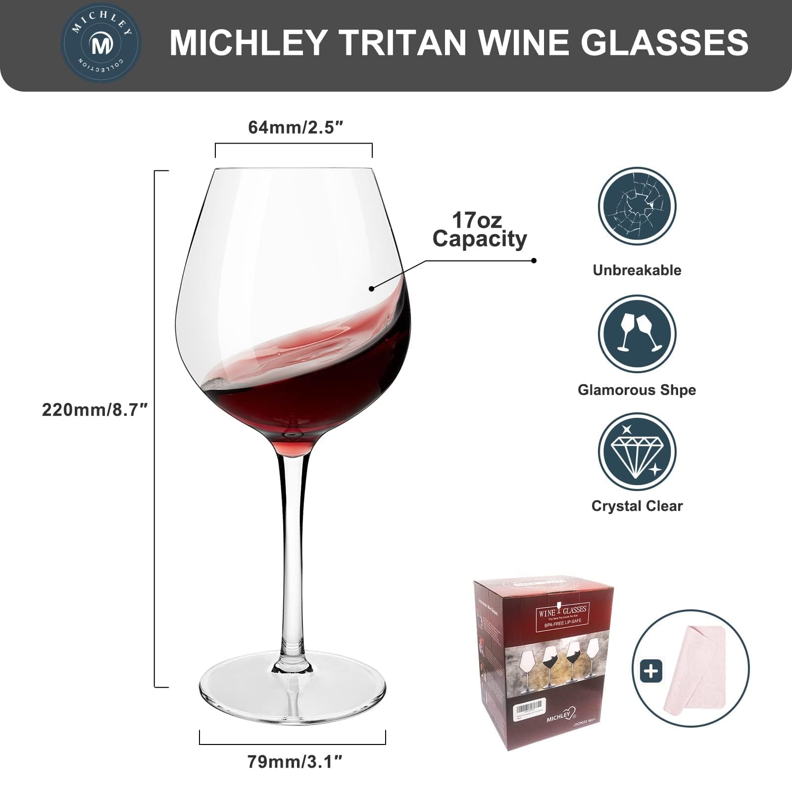 MICHLEY Lot de 6 verres à vin rouge incassables en plastique Tritan réutilisables pour l'intérieur et l'extérieur 500 ml