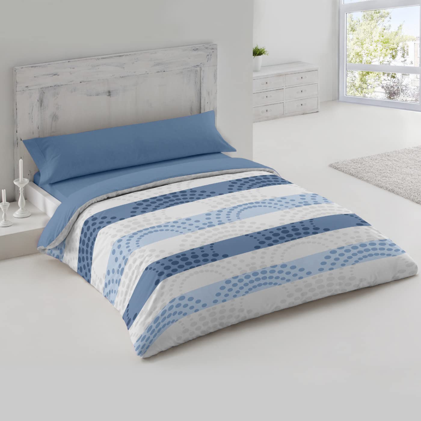 MERCURY TEXTIL- Juego de Funda Nórdica 100% Microfibra Extra Suave, 3 Piezas Funda Nórdica para Edredón + Sábana Bajera + Funda de Almohada con Cremallera Oculta (Círculos Azul, Cama 150)