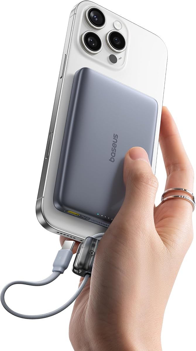 Baseus Picogo Qi2 Cargador portátil Magsafe de 15 W, banco de energía inalámbrico ultradelgado de 0,5" 10000 mAh con cable USB-C incorporado de 27 W, paquete de batería magnética para iPhone 17 Pro Max/17 Pro/Air/16/15/14/13/12 | Banco de energía inalámbrico de 10000 mAh, paquete de batería magnética de carga rápida de 27 W con USB-C para iPhone 17 Pro Max/17 Pro/Aire/16/15/14