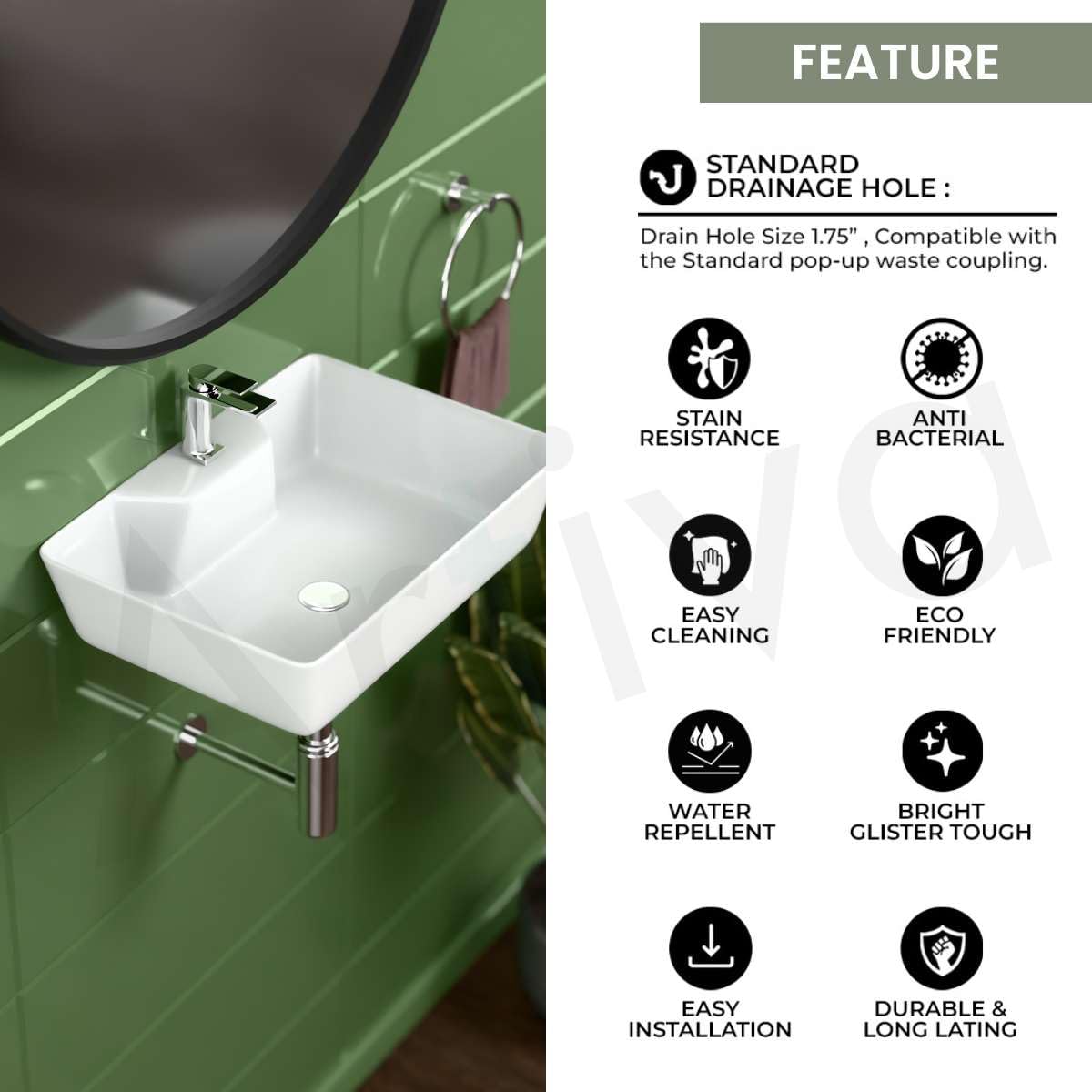 Artiva White Ceramic Wall Mount Basin - FREE SHIPPING -8