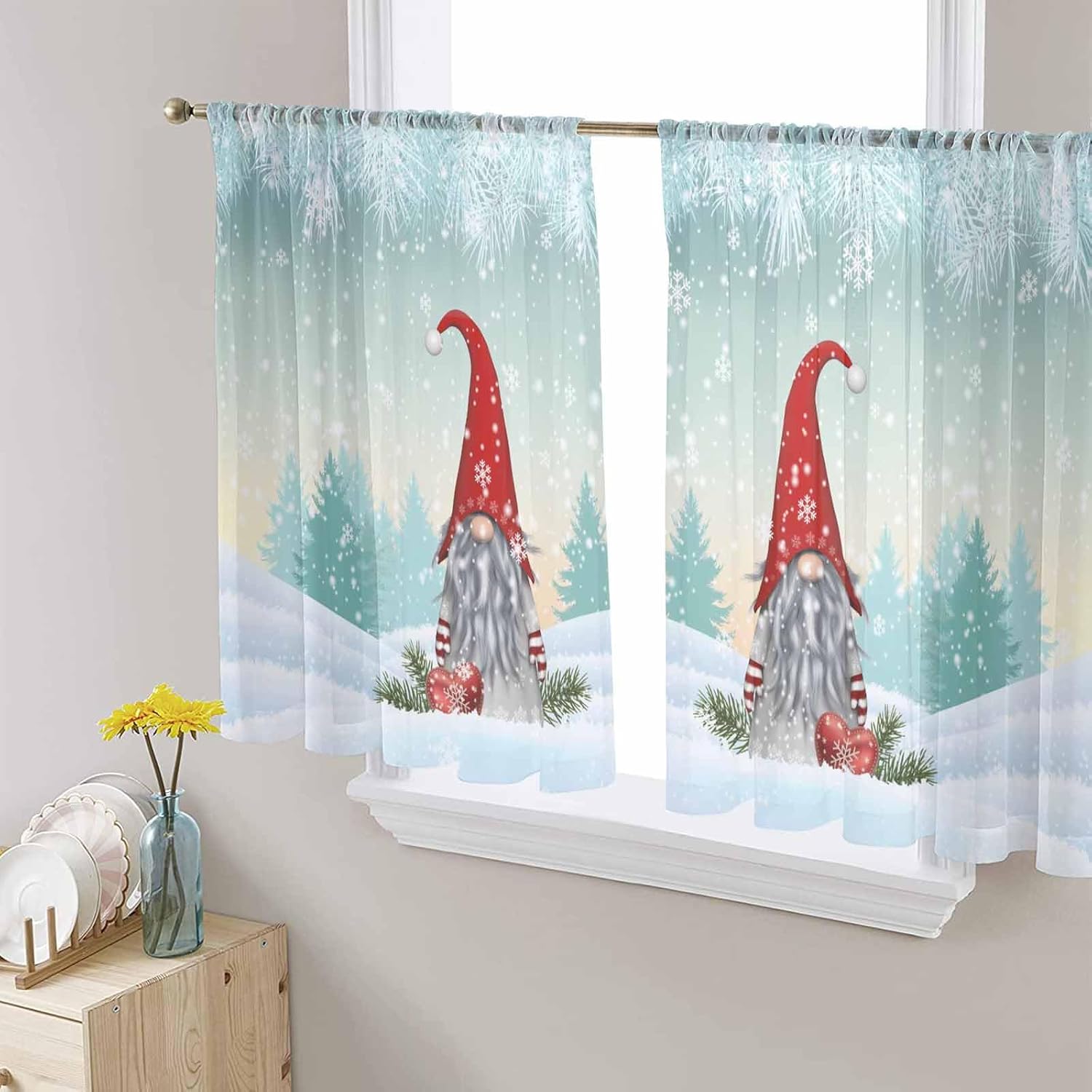 Turquoise Christmas Sheer Curtains 45 Inches Long, Gnomes Snowflake Curtain Sheer Rod Pocket Curtain for Living Room, Xmas Tree Winter Window Voile Drapes Chiffon Curtains for Bedroom 2 Panel 52"x45"