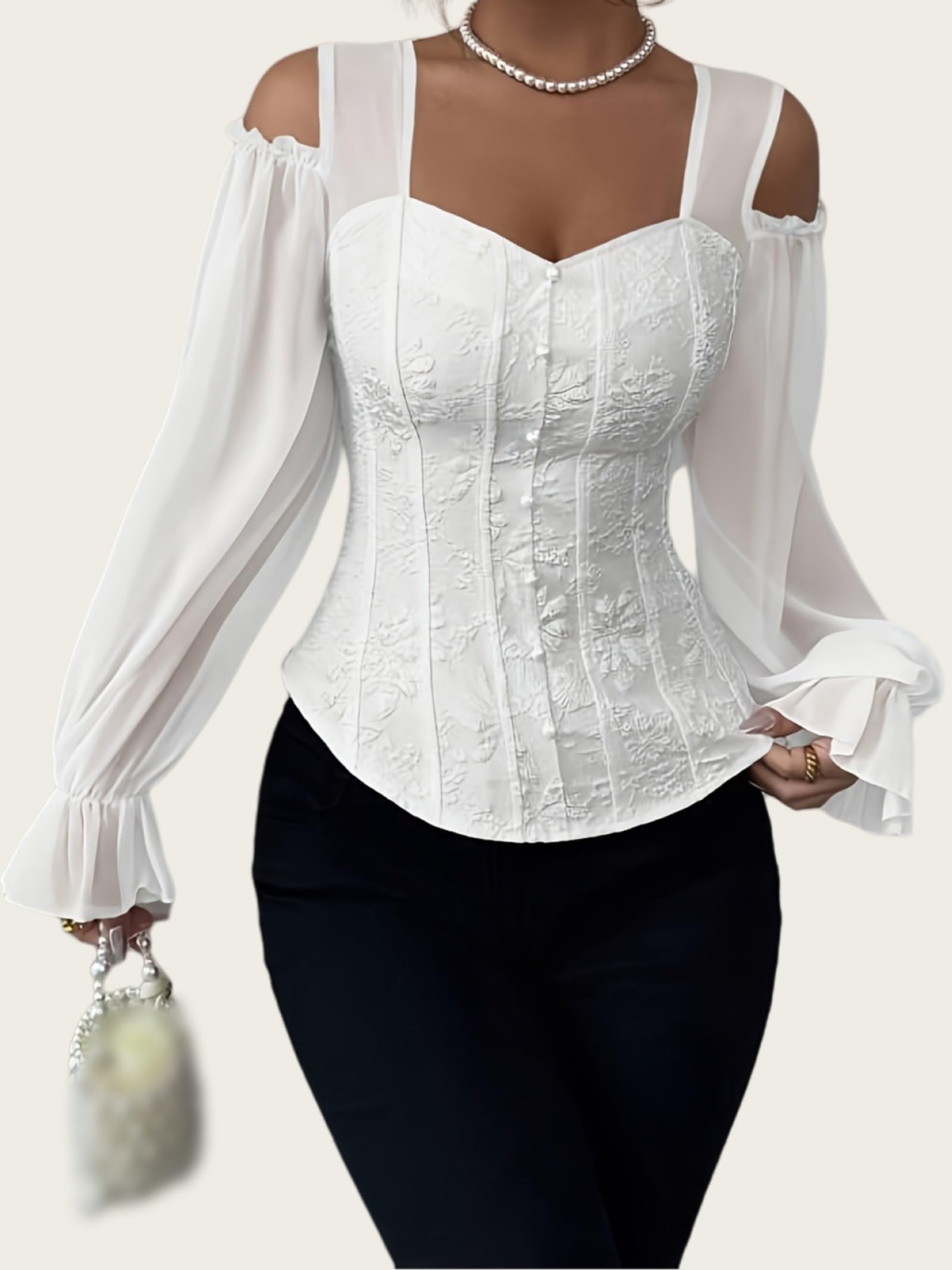 Hauts Tuniques Fluorescents À Imprimé Floral Pour Femmes Épaules Dénudées Col Carré Manches Longues En Maille Blouses Élégantes